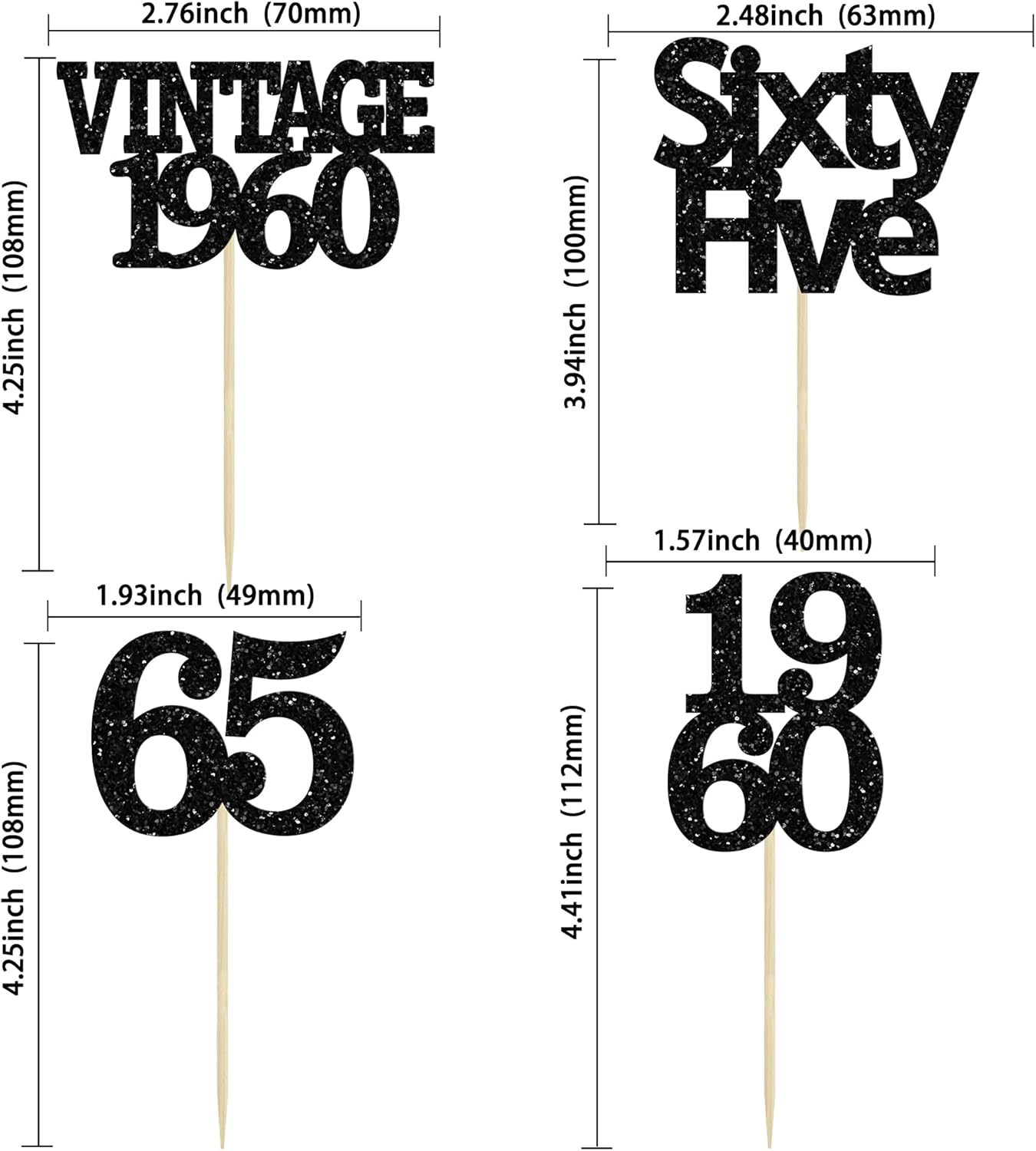 Gyufise 24Pcs Vintage 1960 Cupcake Toppers Glitter Cheers to 65 Fabulous Sixty Five Cupcake Picks 65th Birthday Wedding Anniversary Party Cake Decorations Supplies Black