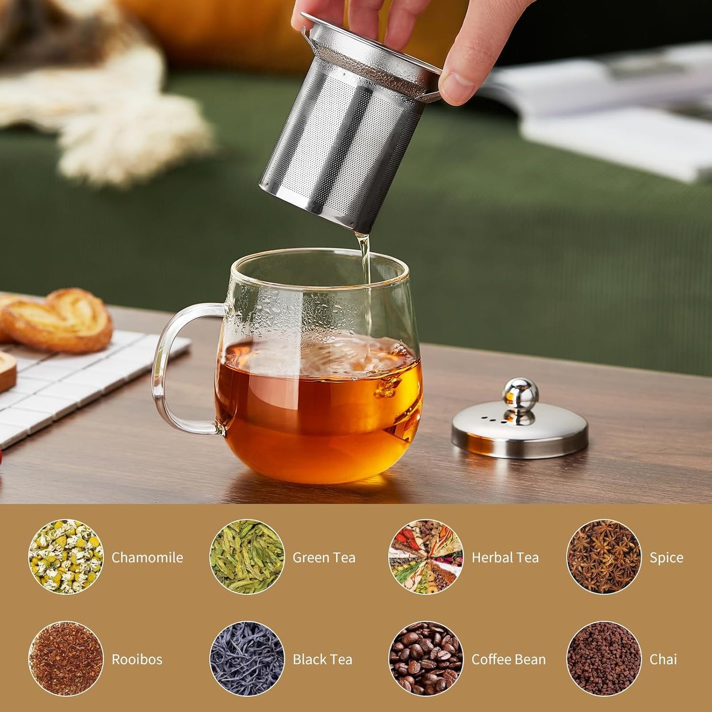 Glass Tea Cup with Infuser and Lid, 14.5oz/450ml Large Borosilicate Glass Teacup with Stailess Steel Filter, Clear Mug for Loose Leaf Blooming Tea, Dishwasher Safe - Tea Maker Gift