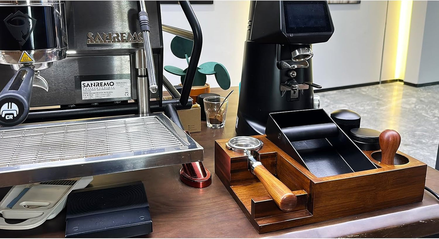 13.4'' Large Espresso Knock Box and Tamping Station, Solid Wood Espresso Accessories Organizer Box for 51MM-58MM Tamper, Distributor, Portafilter, High-Capacity Espresso Coffee Organizer