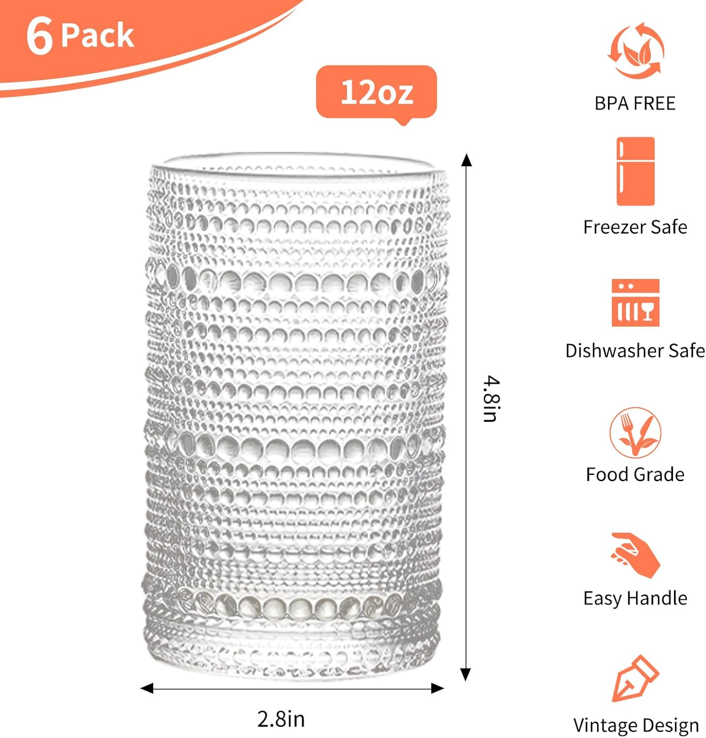 Hobnail Drinking Glasses,12 oz Glasses Drinking Set of 6,Vintage Glassware,Whiskey/Cocktail/Juice/Beer/Water/Kitchen Glasses for Bar Tumbler Glassware,Vasos De Vidrio Glass Cups Set for Mixed Drinks