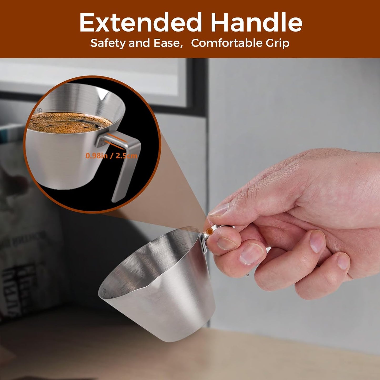 2Pcs Stainless Steel Espresso Cup, Double Spout Metal Espresso Measuring Cup with Handle, 3.4oz/100ml V-Shaped Mouth with Dual Scale (Black+White)