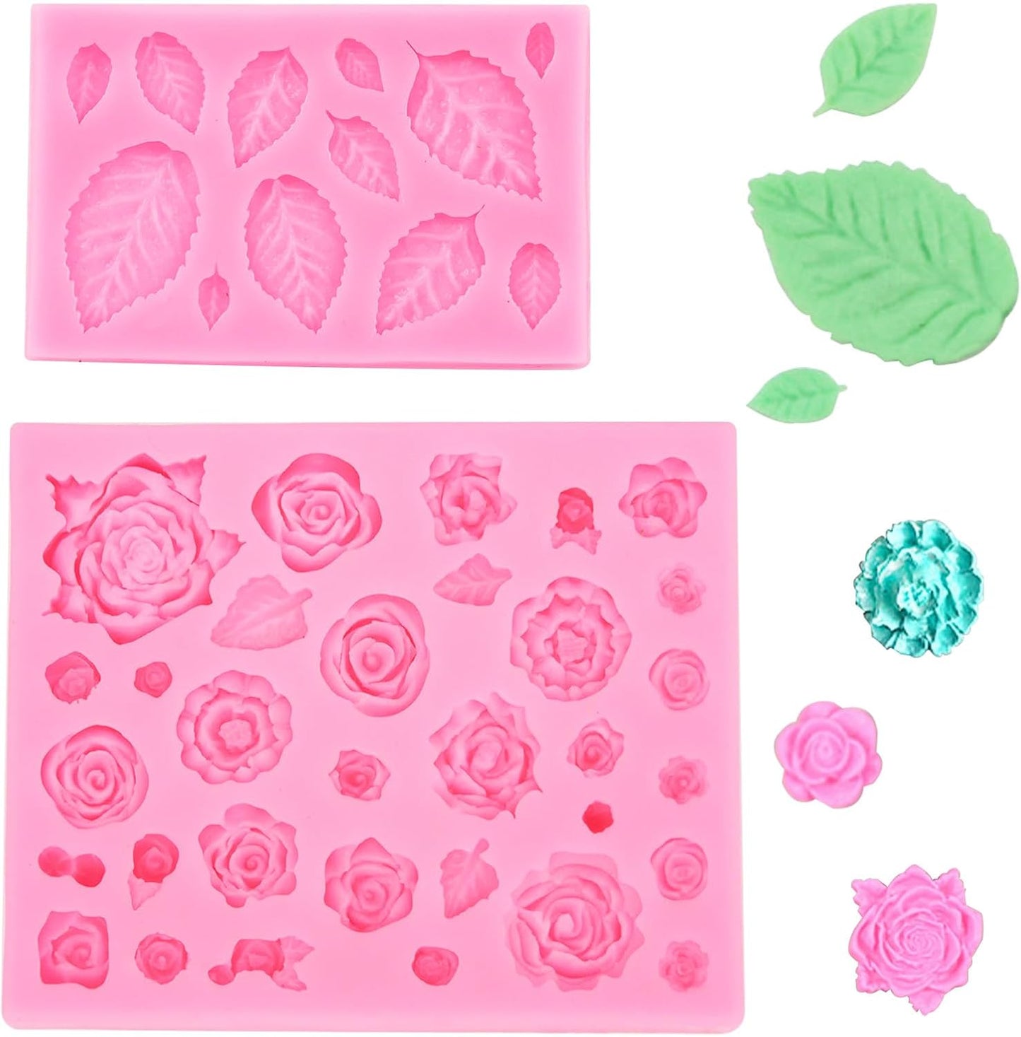 2 Pcs Rose Flowers and Leaves Chocolate Fondant Candy Silicone Molds for Cupcake Toppers, Crafting Projects, Wedding and Birthday Cake Decoration