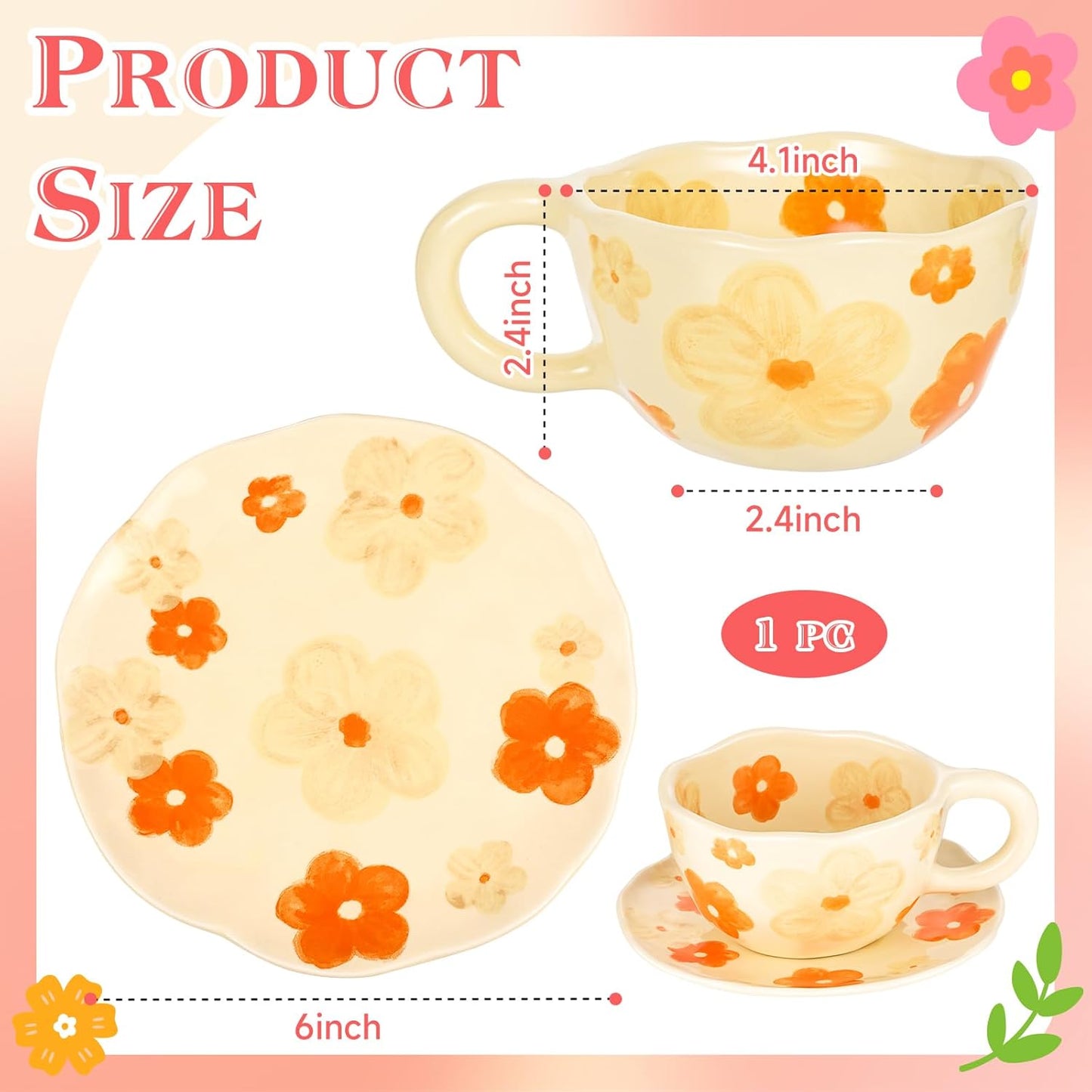 Cappuccino Cups with Saucers 8 oz Latte Art Cup Ceramics Coffee Mugs Irregular Aesthetic Flower Cups for Espresso, Double Shot, Americano, Latte, Tea - Microwave and Dishwasher Safe (Orange Flowers)
