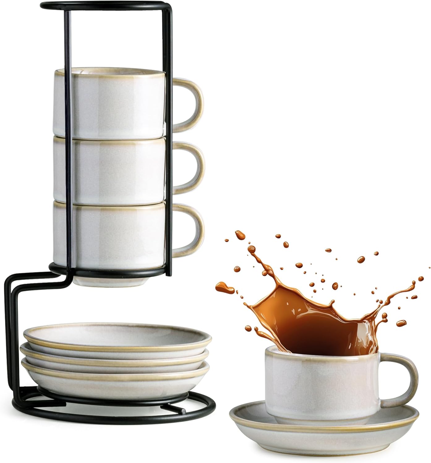 Gomakren 2.5 Ounce Espresso Cups Set of 4, Small Stackable Coffee Cups with Saucers and Metal Stand, Porcelain Demitasse Cups for Specialty Coffee Drinks, Espresso, Cappuccino, Latte, Tea, White