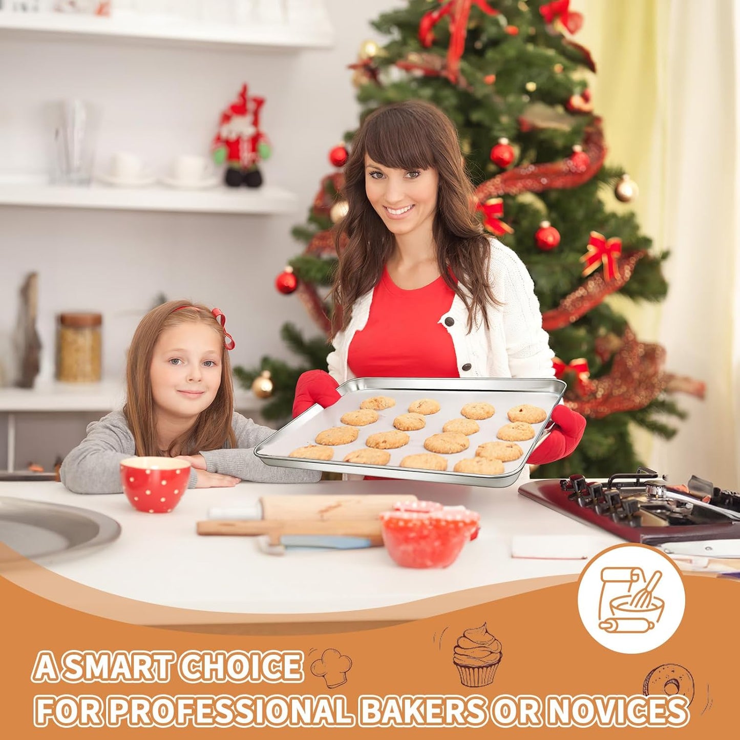 Stainless Steel Baking Sheet Set of 2, Deedro Cookie Sheet Metal Baking Pan Oven Tray, Non Toxic & Heavy Duty, Rust Free & Mirror Finish, Easy Clean & Dishwasher Safe, 20 x 14 x 1.3 Inch