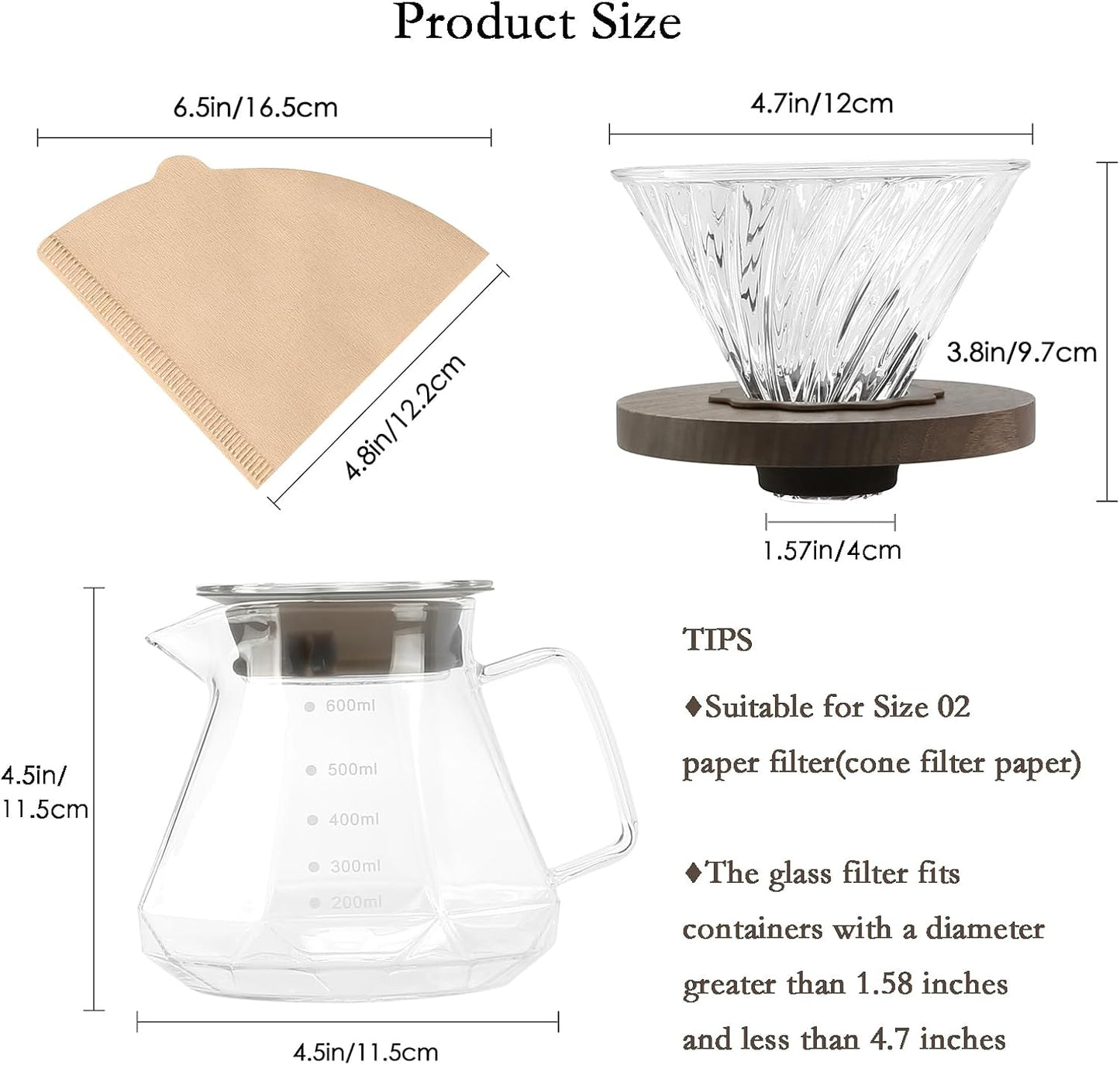 Pour Over Coffee Maker, 20 oz Borosilicate Glass Carafe with 100 pcs V60 Paper Filter by Gsform, Walnut Handle & Glass Lid, Drip Coffee Maker for Home Café Restaurant Camping, 600 ml, Clear