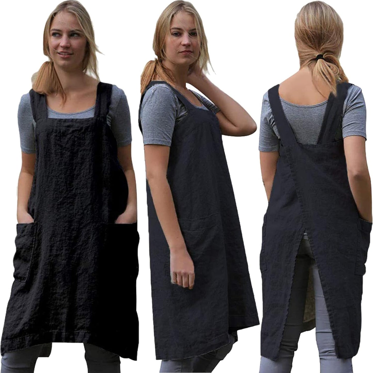 ZQFFB Pinafore Cross Back Apron for Women with Pockets Japanese Smock for Work Gardening Cooking Painting Baking