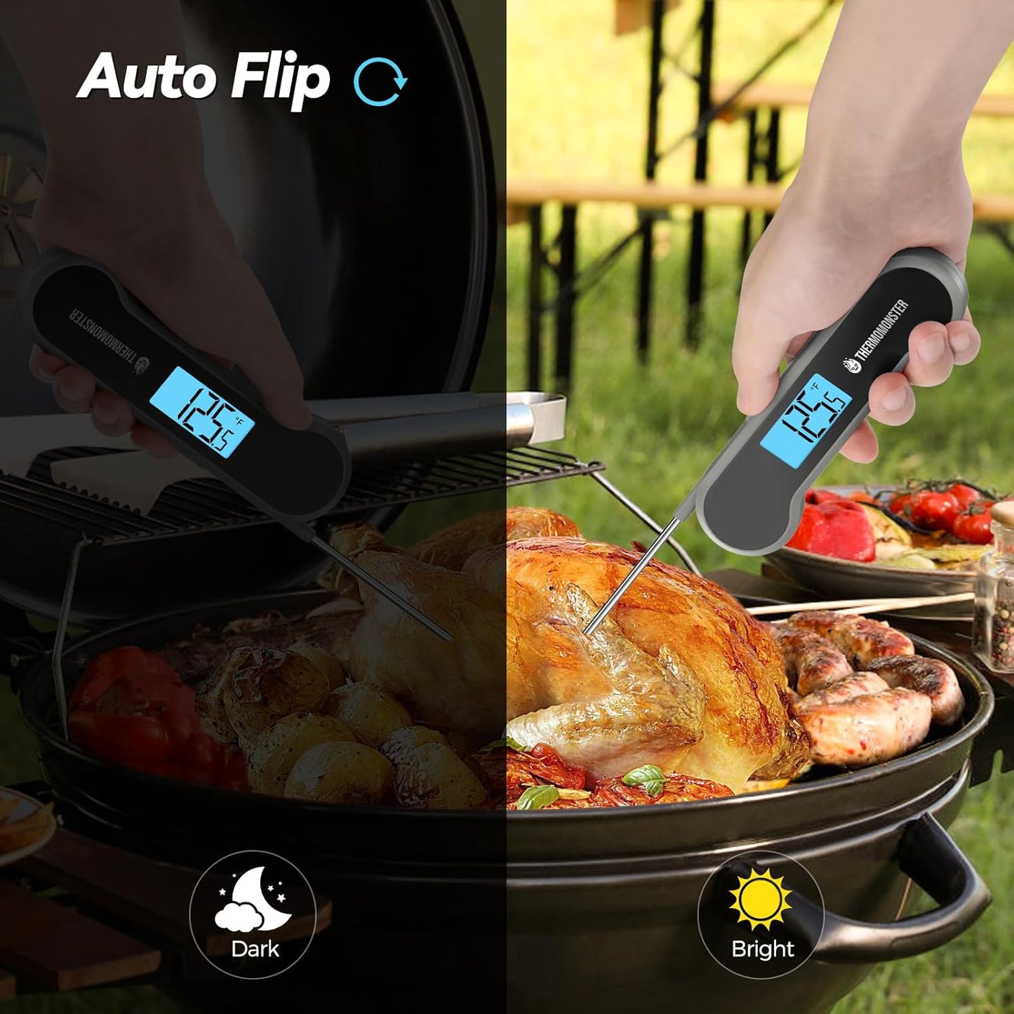 0.5 Sec Instant Read Meat Thermometer Digital with ±0.5℉ Precision, 100% Waterproof Auto Flip Bright LCD Screen, Motion Sensing Food Thermometer for Cooking Kitchen Oven Grill Candy BBQ, Grey