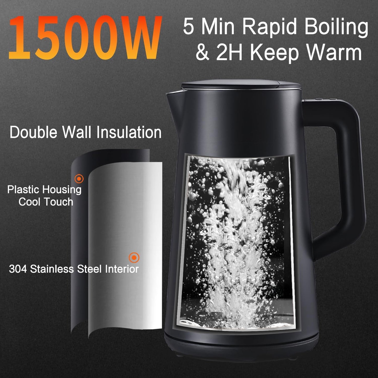1.5L Electric Kettle Stainless Steel, Double Wall Cool Touch Teapot, Fast Boil,5 Temperature Control, LED Display, Auto Shut-Off, BPA-Free,Keep Warm Function, Ideal for Tea & Coffee,Black