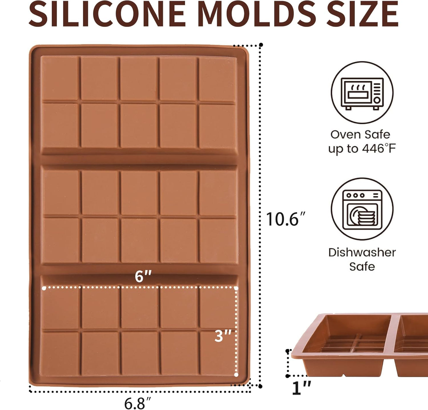 1 Inch Deep Chocolate Bar Mold, 3 Cavity Large Dubai Chocolate Molds, Thick Candy Bar Mould for Filling(3 Packs)