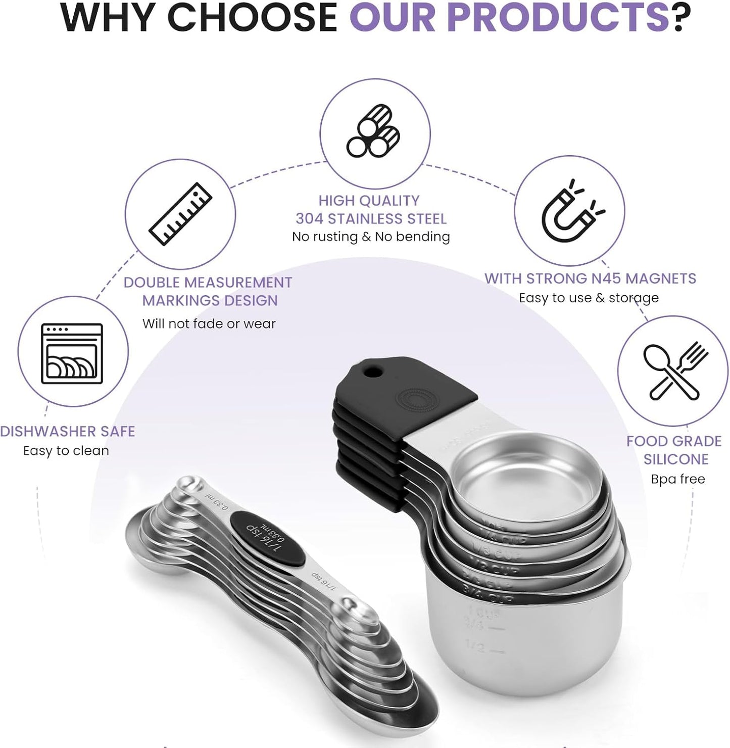 Magnetic Measuring Cups and Spoons Set-Heavy Duty 304 Stainless Steel,Double Measurement Markings,Set of 16 with Leveler for Measure Dry and Liquid Ingredients (Black)