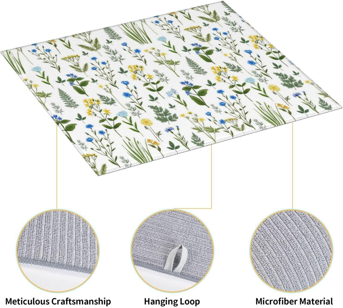 Blue Yellow Wildflower Dish Drying Mats for Kitchen Counter, Vintage Botanic Fern Leaves Floral Kitchen Drainer Pad, Absorbent Microfiber Reusable Washable Dish Draining Mats, Home Decor, 16 x 18 inch