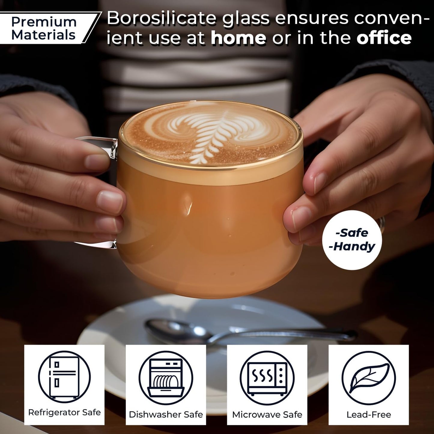 Aquach 16 oz Glass Coffee Mugs with Handle Set of 2 - Large Clear Glass Cups for Latte, Cappuccino, and Tea