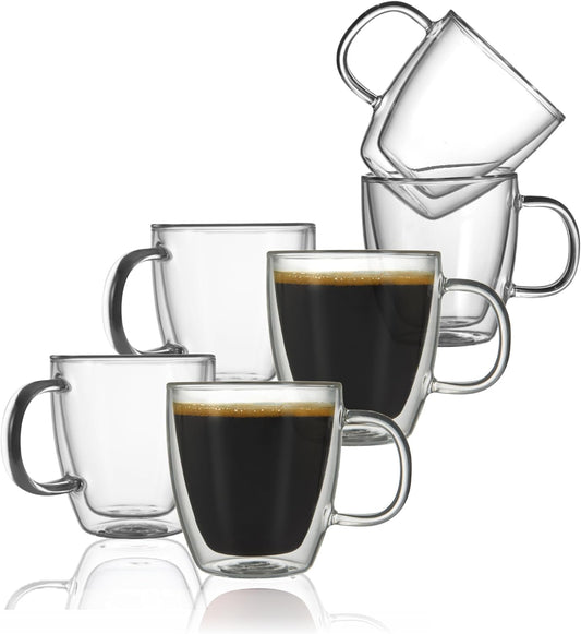 CNGLASS Insulated Espresso Glass Mugs 5.4oz/160ml, Small Clear Coffee Mugs Set of 6, Double Wall Glass Cups with Handle for Tea and Macchiato