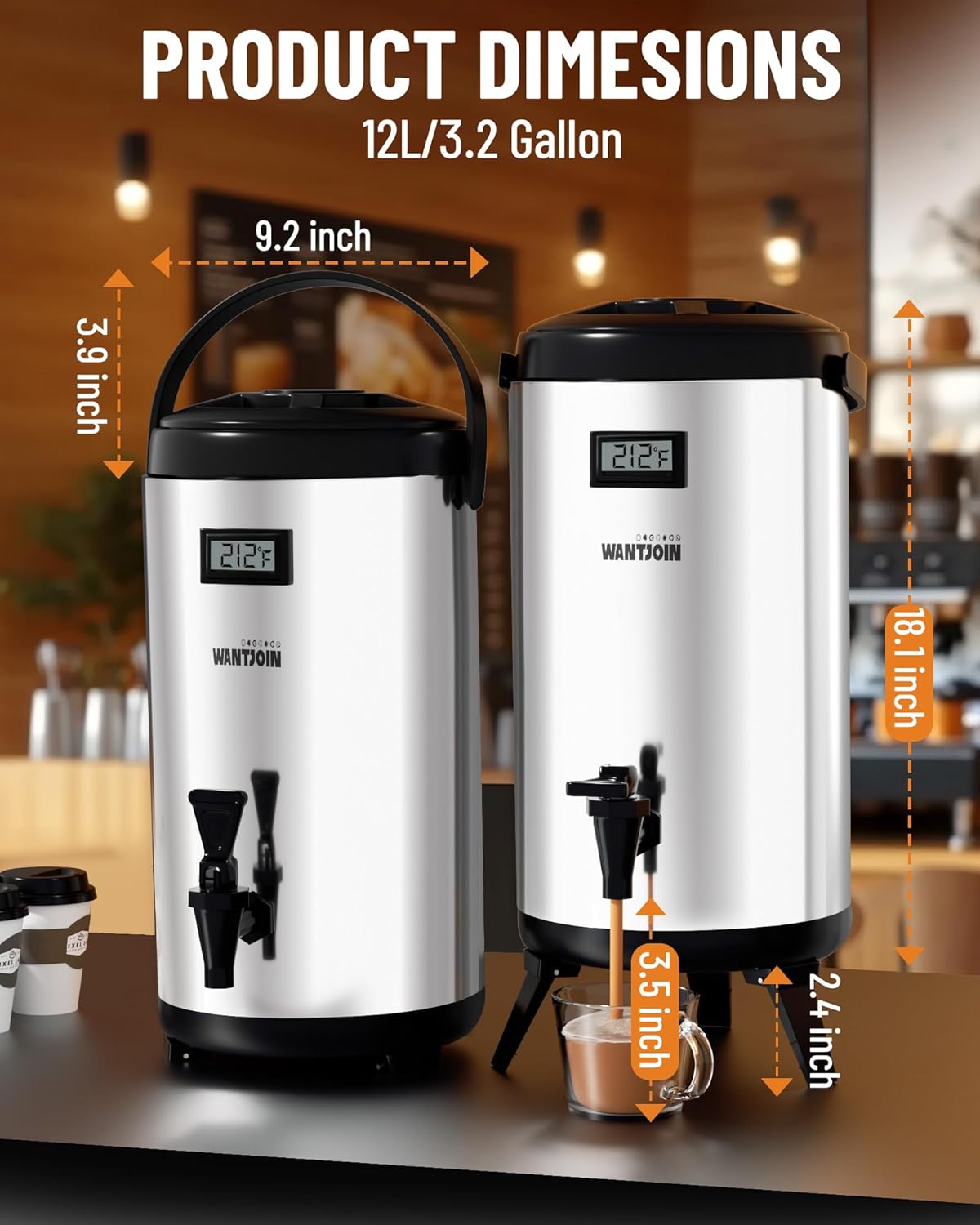 WantJoin Insulated Beverage Dispenser-75 Cup Hot&Cold water Urn for Catering-Stainless Steel Premium 12 L/3.2 Gallon Hot Drink Dispenser with Spigot for Coffee & Hot tea,Cold Milk,Water,Juice(Silver)