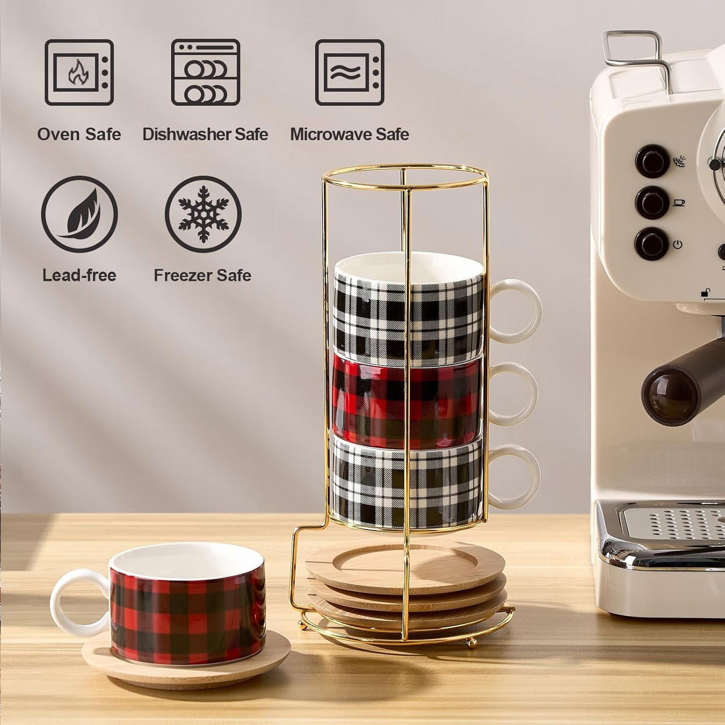 LUKA Porcelain Espresso Cup with Metal Stand,6 Ounce Stackable Ceramic Demitasse Espresso Mugs Cappuccino Cups Set for Latte,Coffee,Cafe Mocha,Tea - Set of 4 (Plaid Red & Gray)