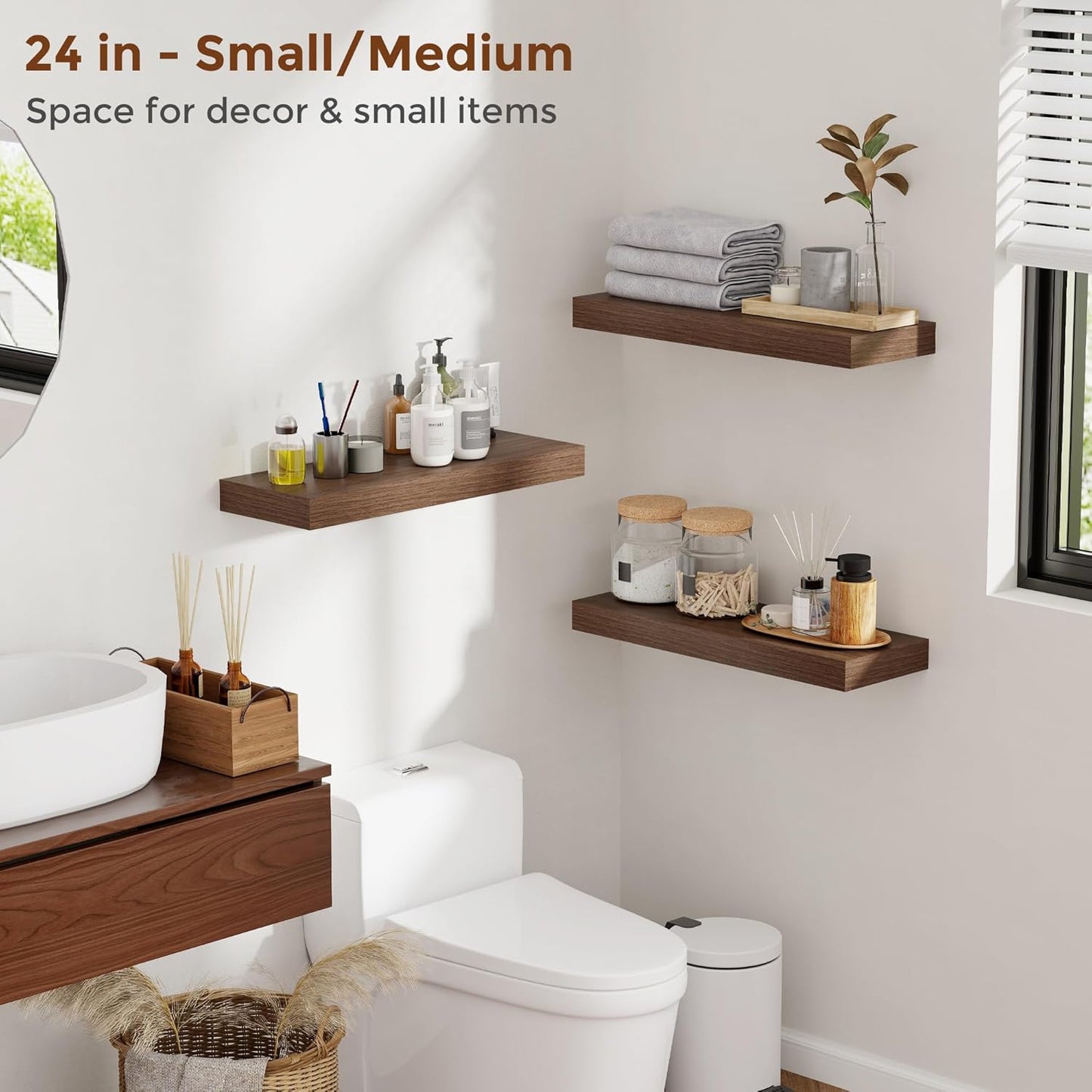 Heimlove 48 Inch Floating Shelves for Wall 8 Inch Deep Walnut Shelves Set of 2,Wall Mounted Rustic Wood Long Floating Shelf,Large Display & Storage Shelf with Invisible Brackets