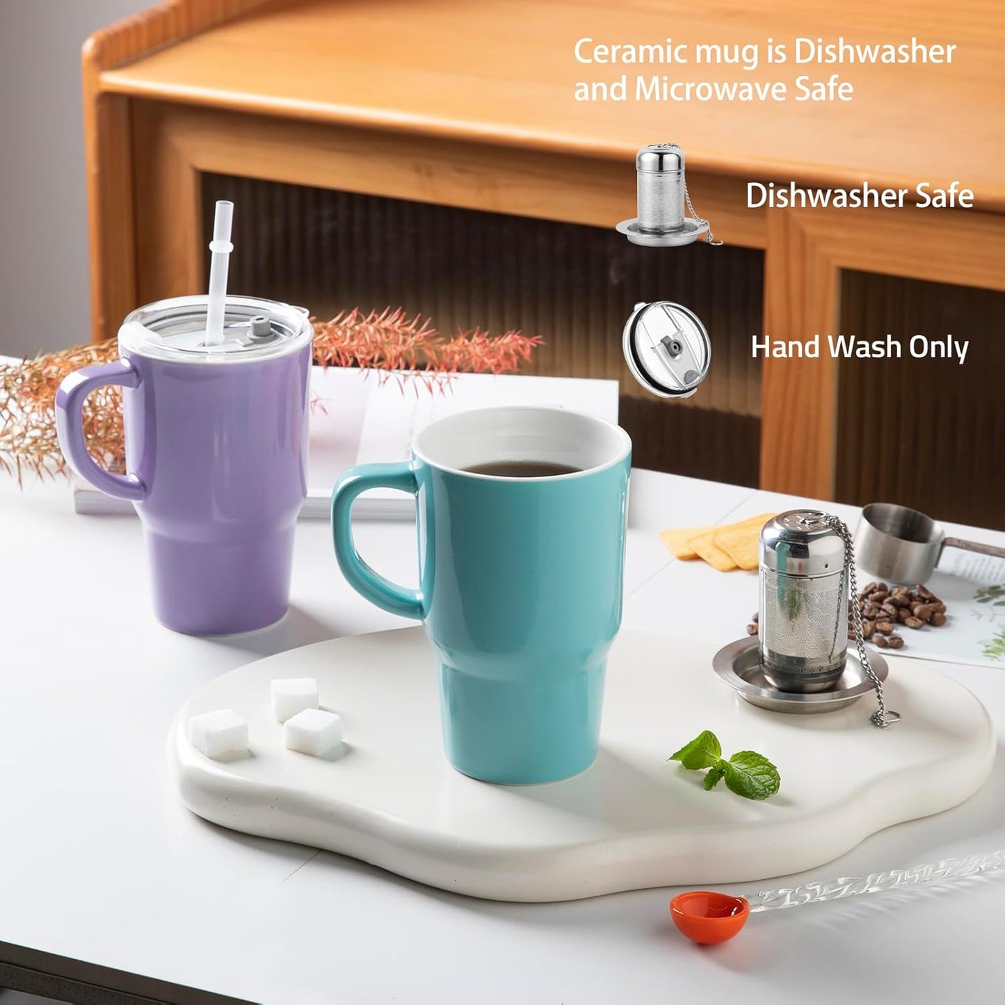 Sweejar Ceramic Travel Mug with Lid, 16 oz Portable Coffee Mug, Dishwasher Safe Tea Cup with Infuser, Reusable Teacup for Car Cup Holder, Tea Lovers(Purple)