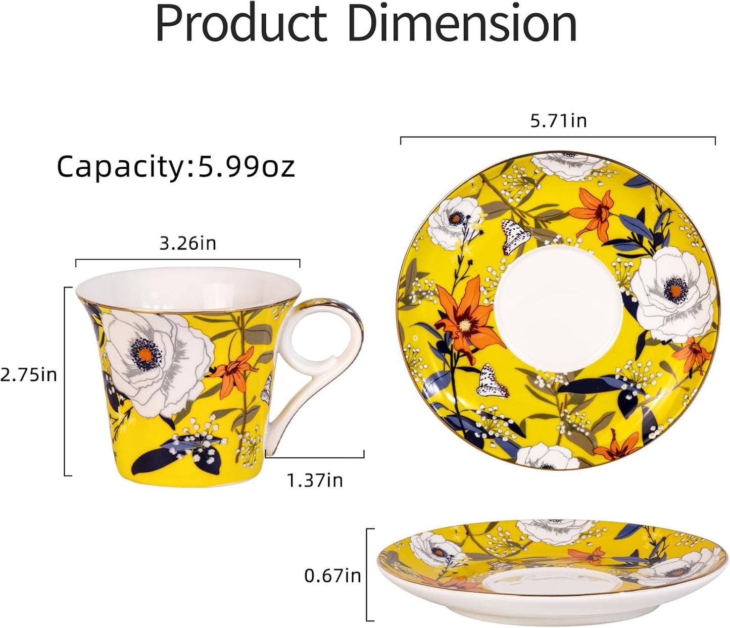 KAMMAK Tea Cups and Saucers Set of 2, Reinforced Porcelain Coffee Cups, 5.7-Ounce Stackable Espresso Mugs, Ceramic Demitasse for Coffee, Cappuccino, Latte, Americano, Tea, Coral + Bee Flower