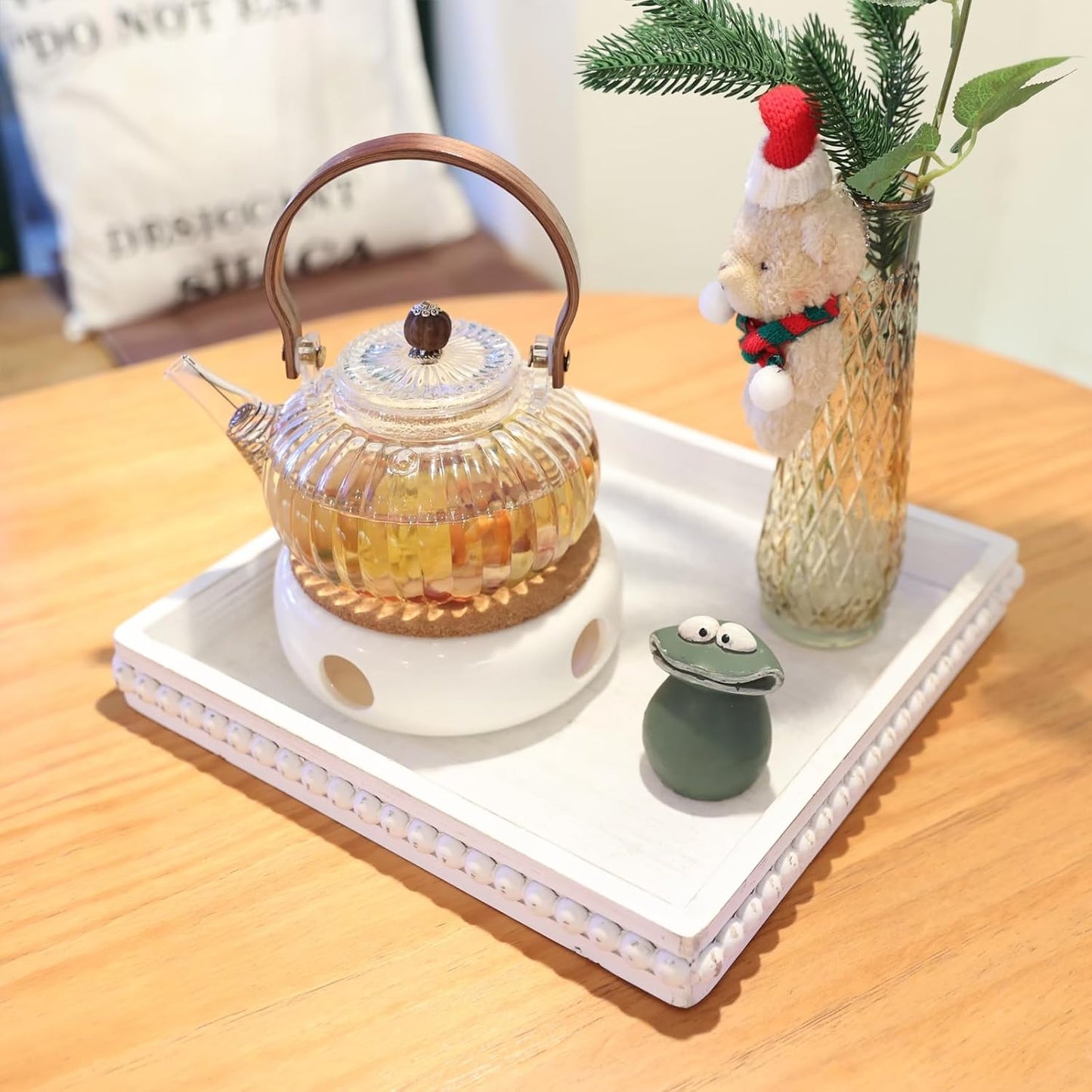 Square Wood Decorative Serving Tray, Rustic Coffee Table Tray for Ottoman,Kitchen Counter Organizer, Bedroom, Home Decor(Whitewashed)