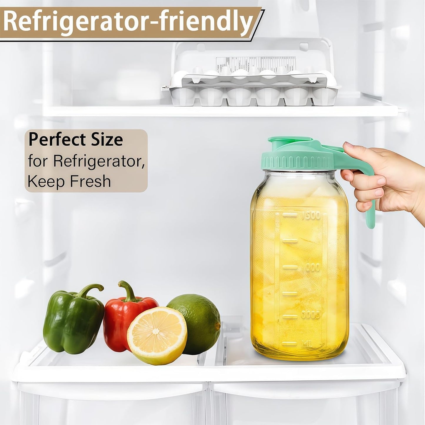 64oz Glass Pitcher with Handle and Lid, 2 Quart Mason Jar Pitcher - Airtight & Leakproof Water Jug with Pour Spout Lid, Glass Containers for Fridge, Perfect for Juice, Cold Brew, Iced & Sun Tea