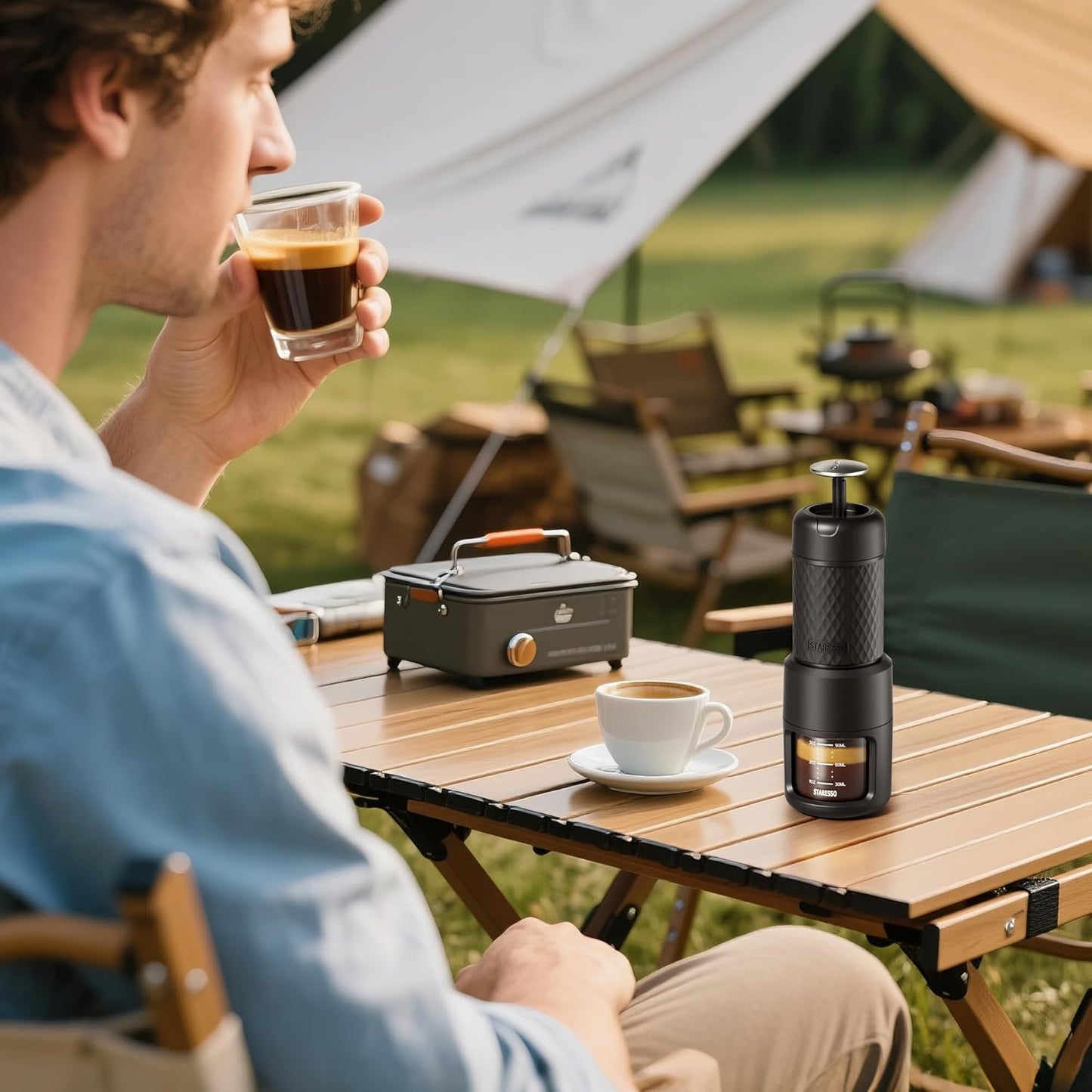 STARESSO Portable Espresso Maker & Coffee Bean Grinder Set with Carrying Bag, Manual Travel Coffee Maker + Burr Coffee Grinder, Waterproof Easy-Carry, Perfect for Travel Camping Hiking On-The-Go