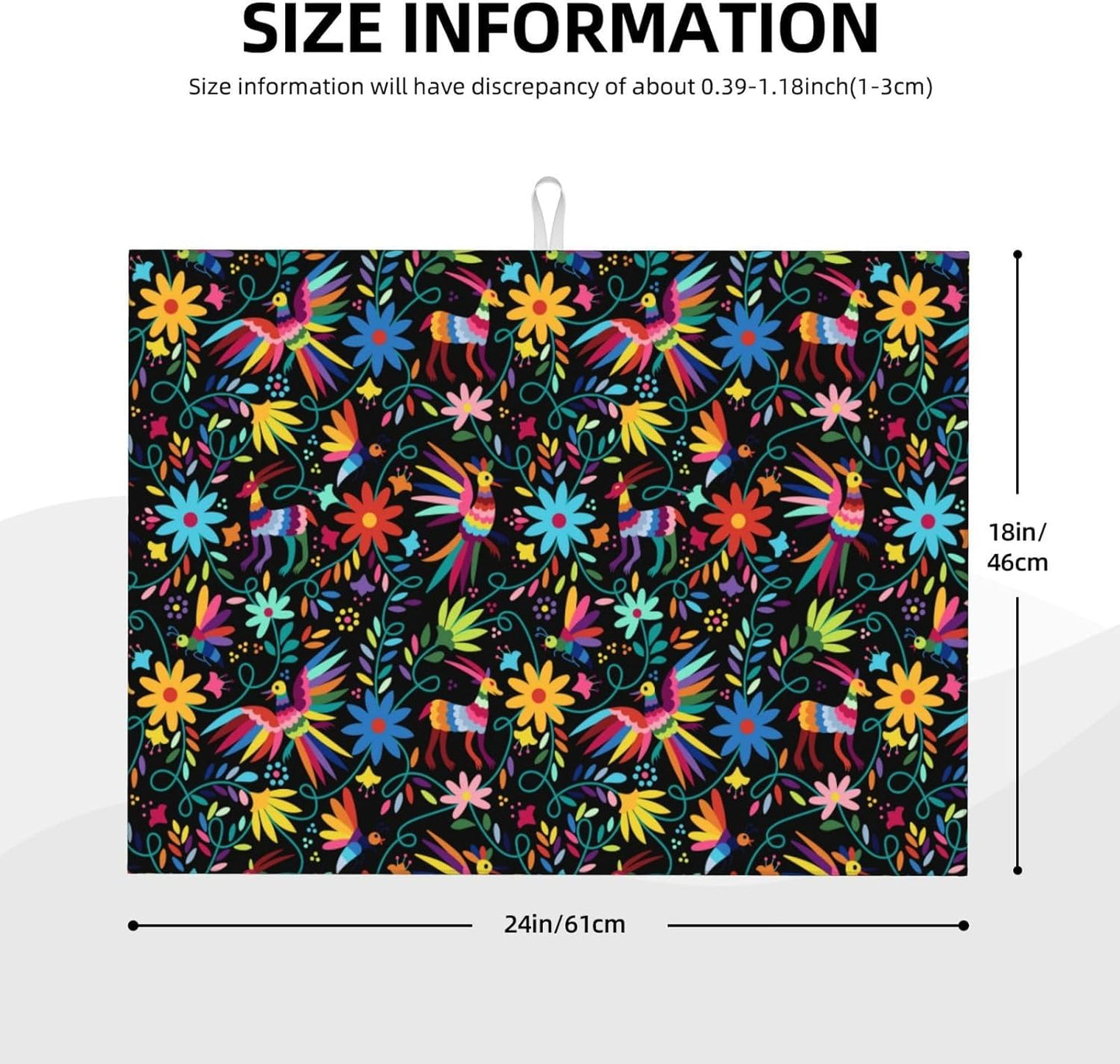 Mexican Colorful Bird and Floral Abstract Dish Drying Mats for Kitchen Counter, 18x24 inch Absorbent Decorative Microfiber Drying Pad, Anti-Slip & Absorption for Sink Small Appliances, Home Decor