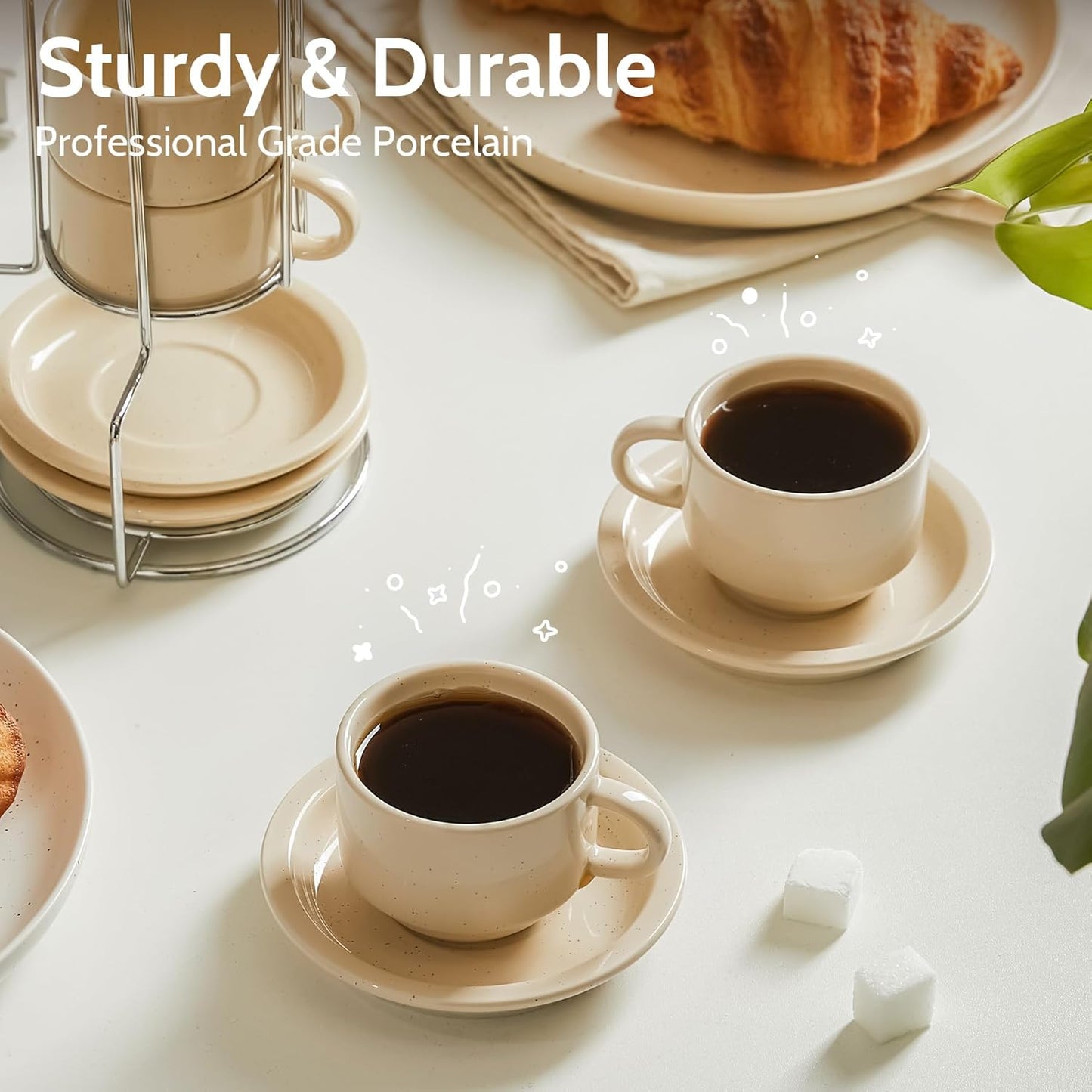 Sweese 8oz Porcelain Cappuccino Cups Set with Saucers, Metal Stand - Stackable, Durable for Coffee, Latte, Tea - Beige, 4 Pack
