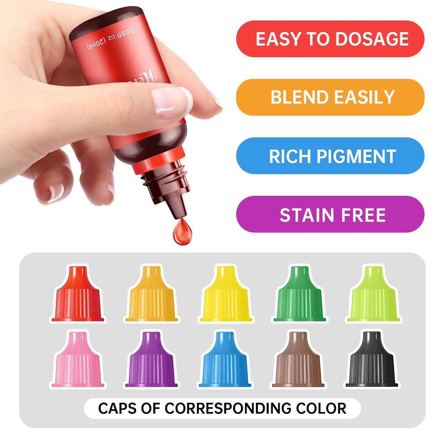 Herbeklab Food Coloring Liquid Food Dye Water Based Food Color 10 Colors x 20 ml Liquid Food Coloring Set Concentrated Slime Dye Pigments Soap Colorants Easter Egg Dyestuffs for Domestic Use