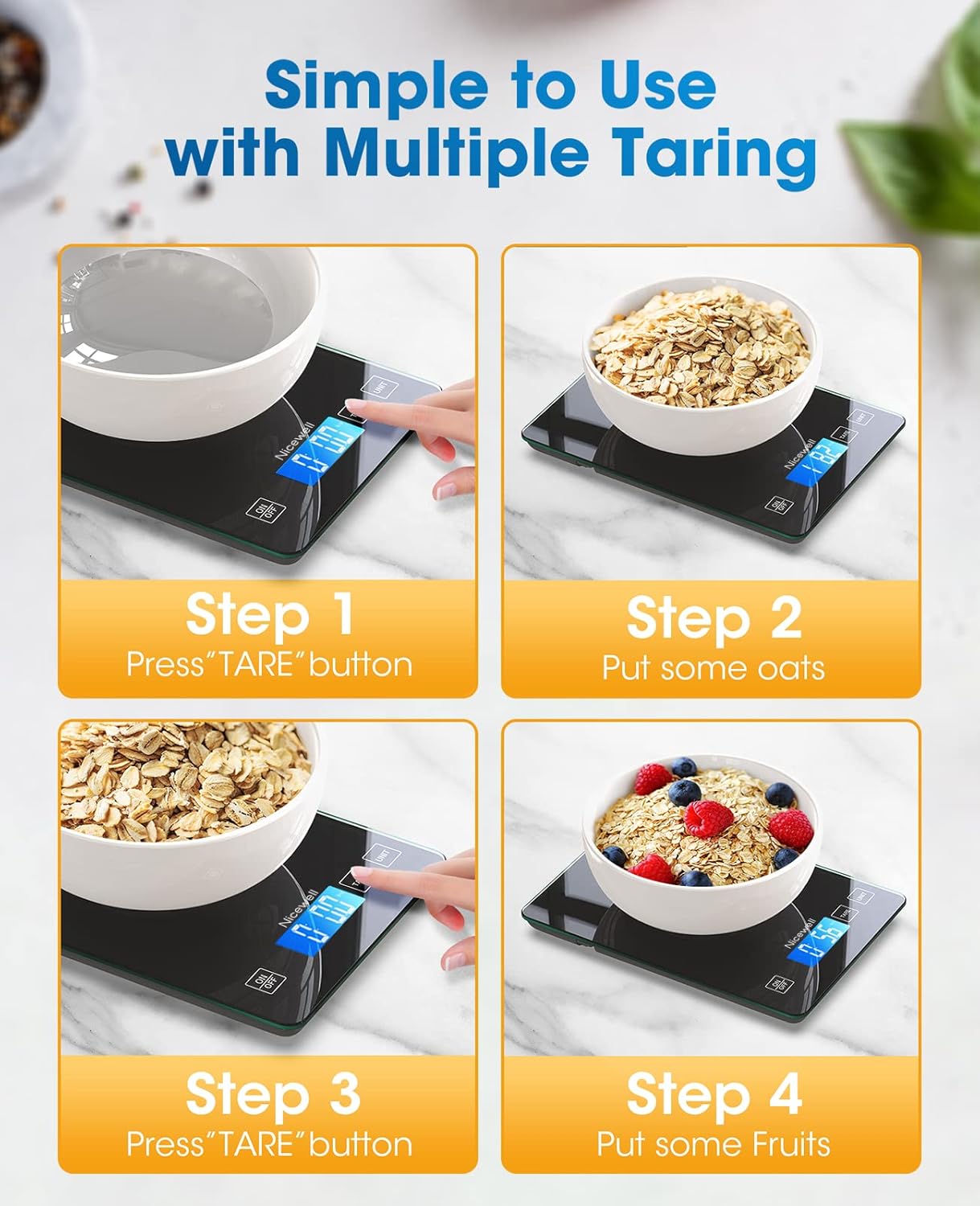 Nicewell Food Scale Digital Weight Grams and oz, 22lb Kitchen Scale for Cooking Baking, 1g/0.1oz Precise Graduation, Sleek Tempered Glass Platform (Black)