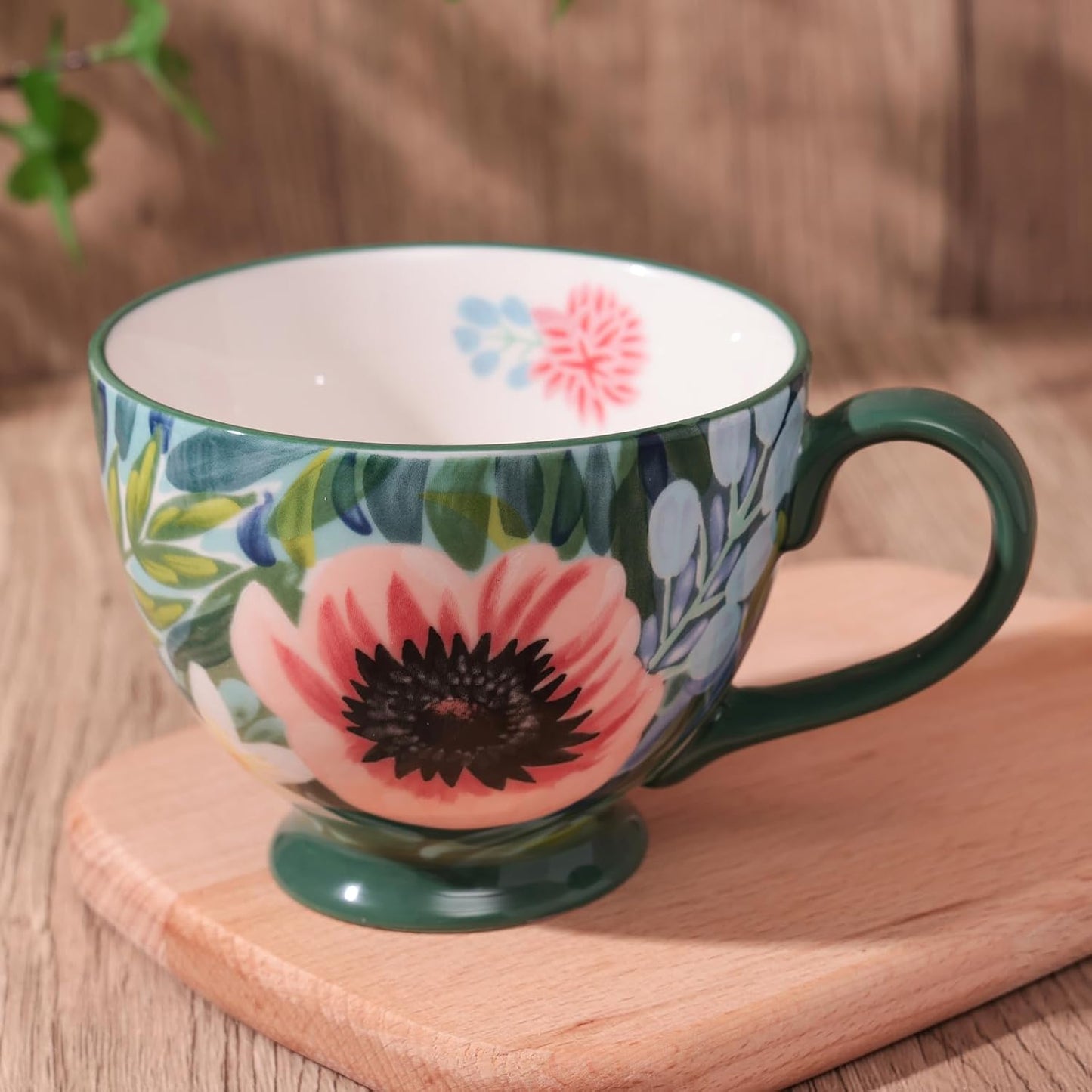 Vintage Flower Mugs β Large Ceramic Coffee Mug (15oz) β Cute Cereal Cup for Breakfast, Oatmeal Tea & Hot Drinks β Handmade Ceramic Cup with Floral Design
