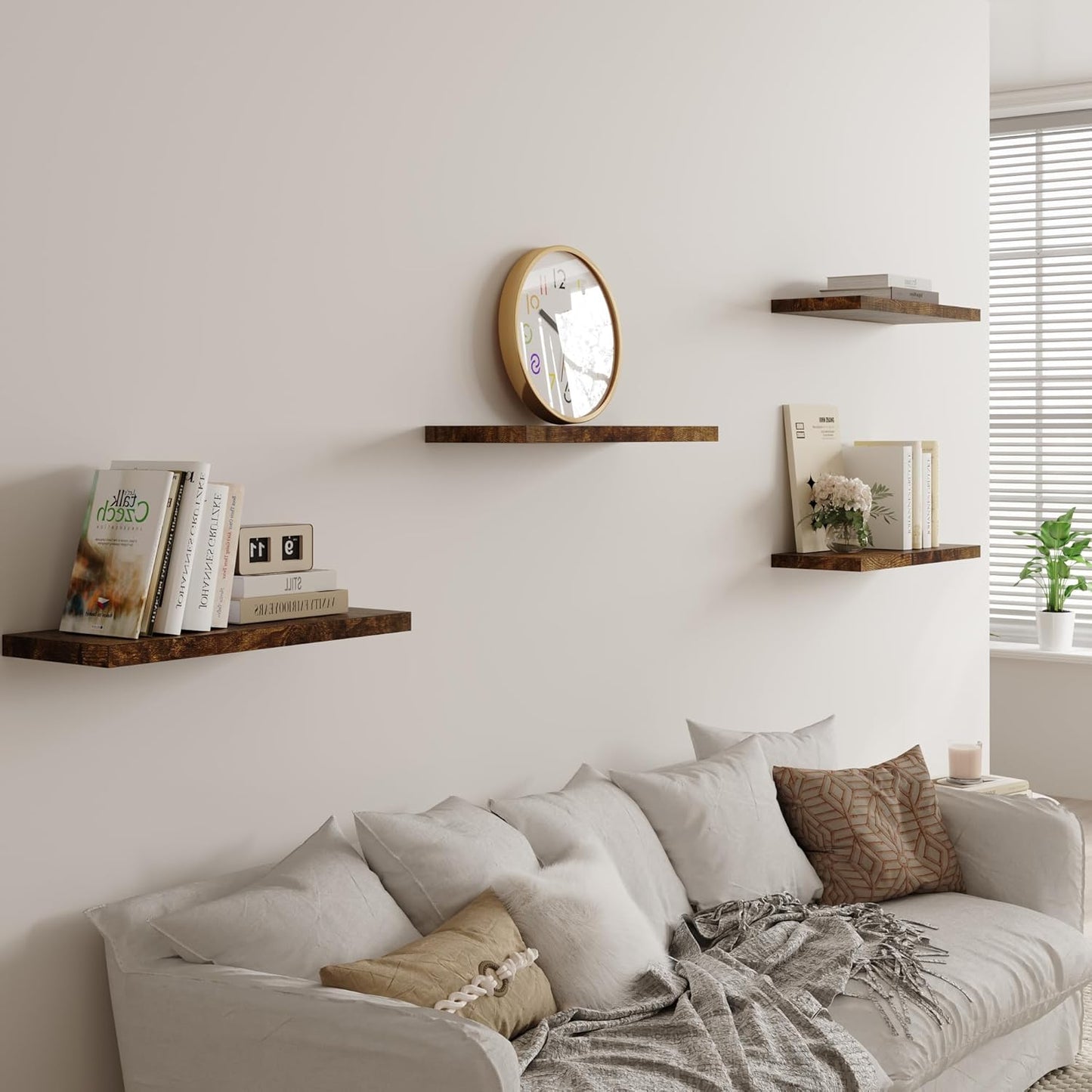 Wall Shelf Set of 1, Rustic Brown Floating Shelves 24 in W x 10 in D x 1 in H, Wooden Floating Wall Shelf with Invisible Brackets for Living Room/Bedroom/Bathroom/Kitchen Storage and Decor