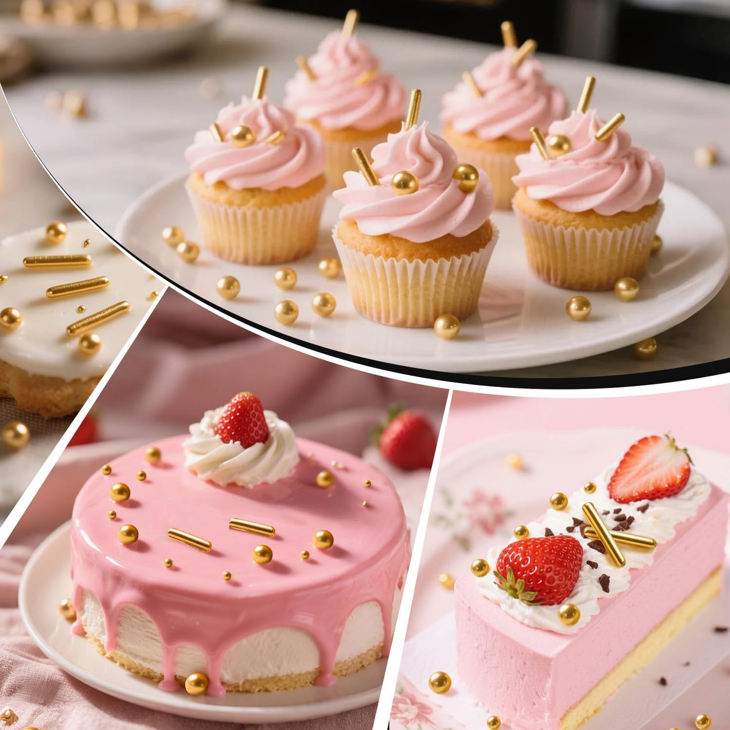 Gold Pearl Rods Sprinkles for Cake Decorating, Edible Sugar Pearls Rods Candy, 150g/5.29oz, Mix Size Cake Topper Donuts Cupcake Cookie Dessert Decorations, Holiday, Wedding Party, Easter Supplies