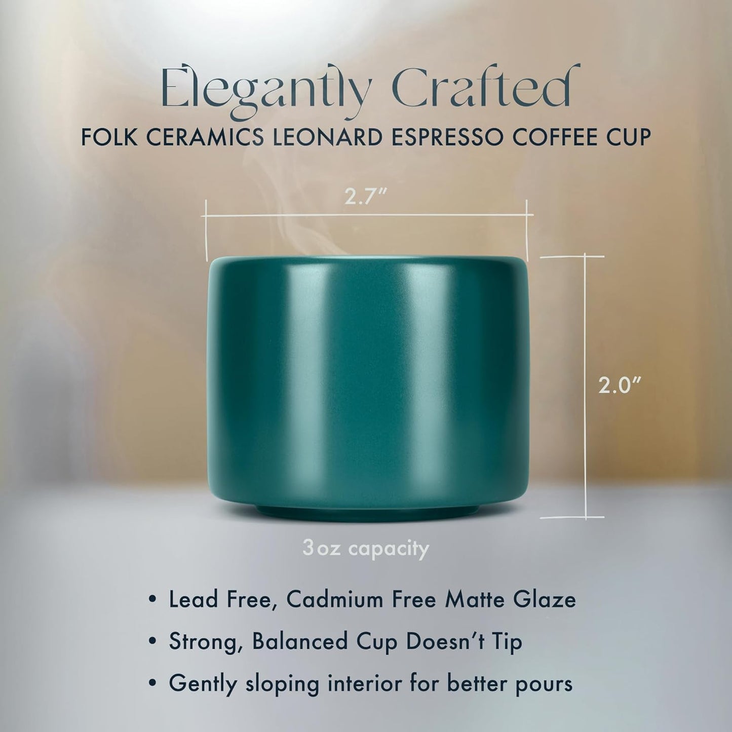 Folk Ceramics Leonard Ceramic Espresso Cups | Modern Stackable Demitasse Mugs for Espresso | Thick Walled, Handleless, Durable, Dishwasher & Microwave Safe | Set of 2, 3oz | Blue Emerald