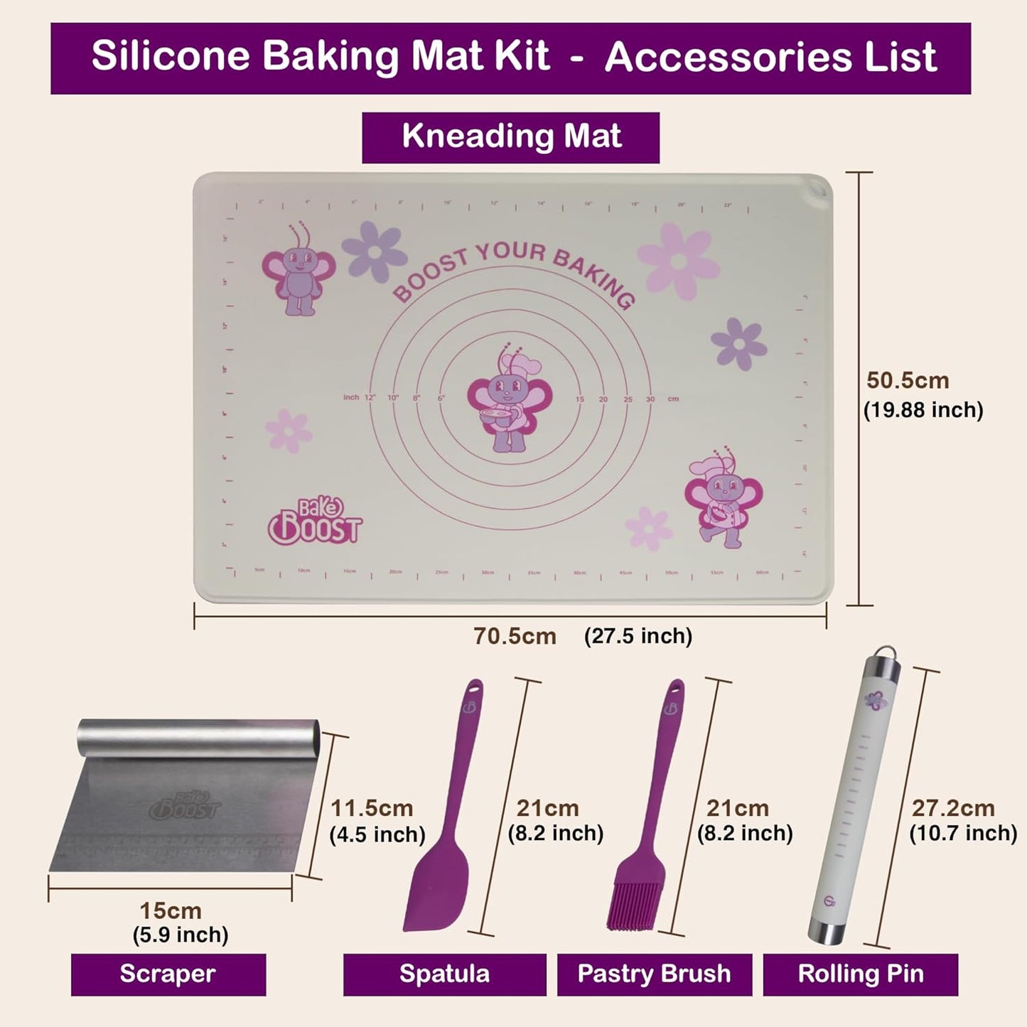 Silicone Baking Mat Set | Non-Stick Dough Rolling Pastry with Rolling Pin for Cookie Pie Crust Pizza Bread | Extra Large Dough Mat | Silicone Pastry Mat Kit Extra Thick with accessories