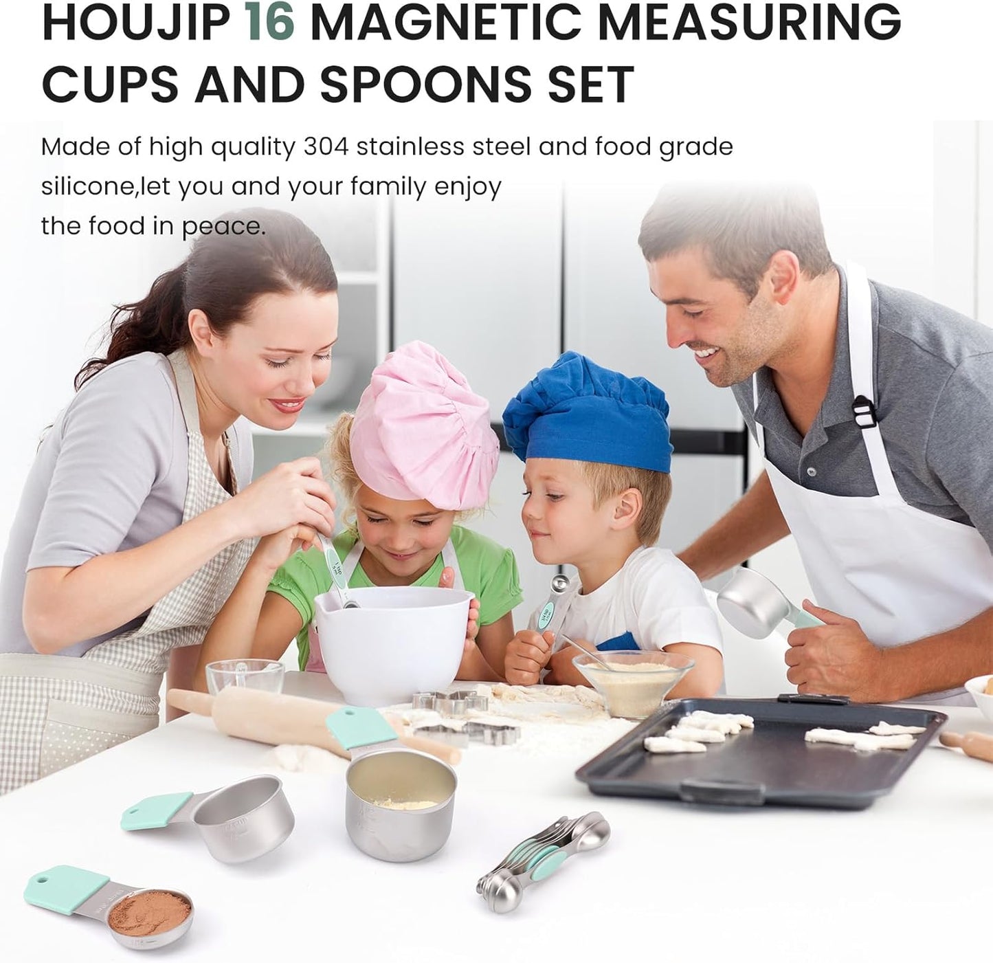 Magnetic Measuring Cups and Spoons Set-Heavy Duty 304 Stainless Steel,Double Measurement Markings,Set of 16 with Leveler for Measure Dry and Liquid Ingredients (Mint)