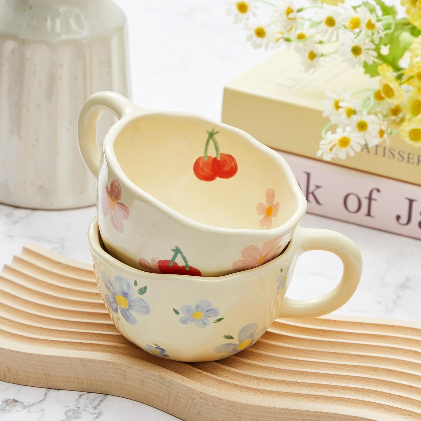 Vesici 2 Pcs Ceramic Coffee Mugs Flower Cups with Spoon Vintage Floral Mugs with Handle 8.5 oz Aesthetic Tea Porcelain Cup Gift for Valentine Office Home, Dishwasher and Microwave Safe(Lovely)