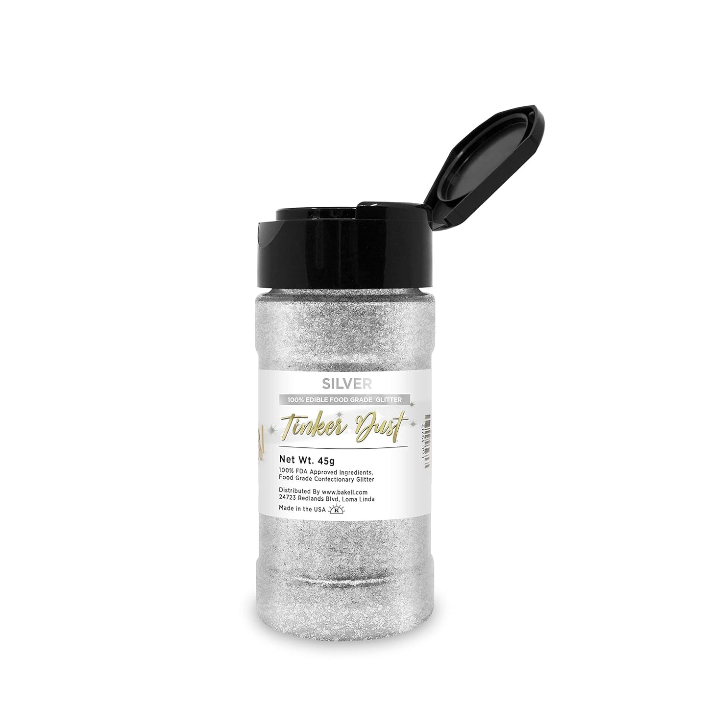BAKELL Silver Edible Glitter, 45 Grams | TINKER DUST Edible Glitter | KOSHER Certified | 100% Edible Glitter | Cakes, Cupcakes, Cake Pops, Drinks, Dessert Vegan Glitter & Dusts (45g Shaker, Silver)