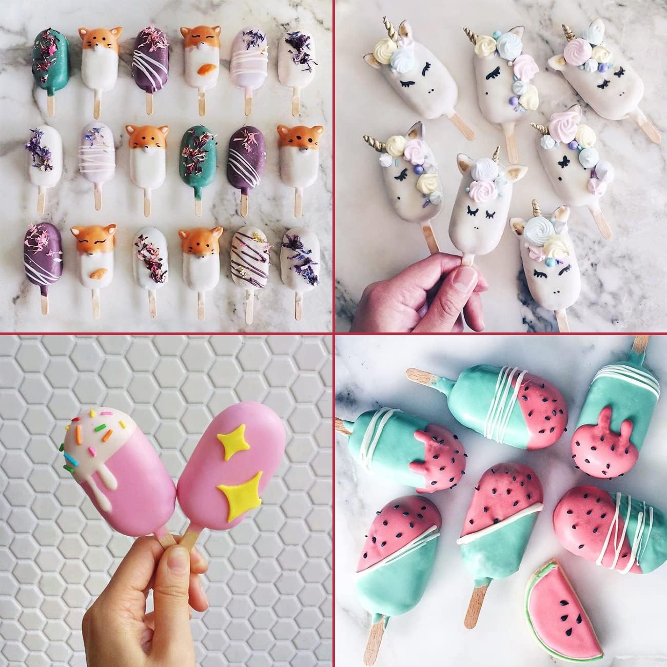 Sakolla Popsicle Silicone Mold, 4 Cavities Ice Pop Molds, Ice Cream Mold Oval Cake Molds with 50 Wooden Sticks