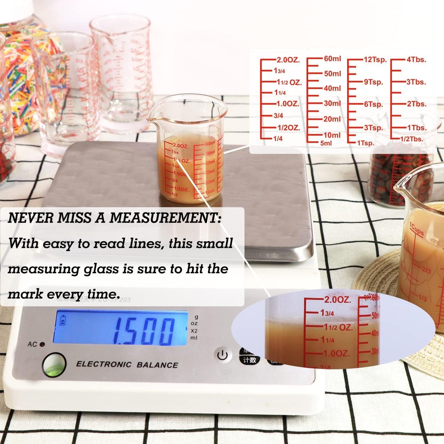 High Borosilicate Glass Measuring Cup-V-Shaped Spout,Glass Measuring Beaker for Kitchen or Restaurant, Easy to Read, 60 ML (2 Oz)-Pack of 2