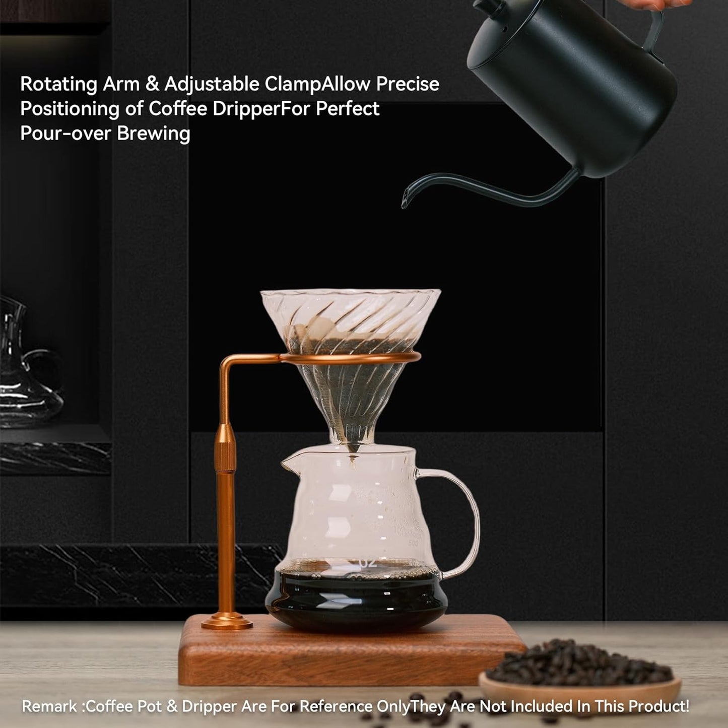 Pour Over Coffee Maker with Adjustable Stand & Wooden Base, Dripper Stand for Manual Coffee Brewing, Coffee Filter Holder, Tea Strainer Stand for Home, Café, Restaurant, Camping, Golden