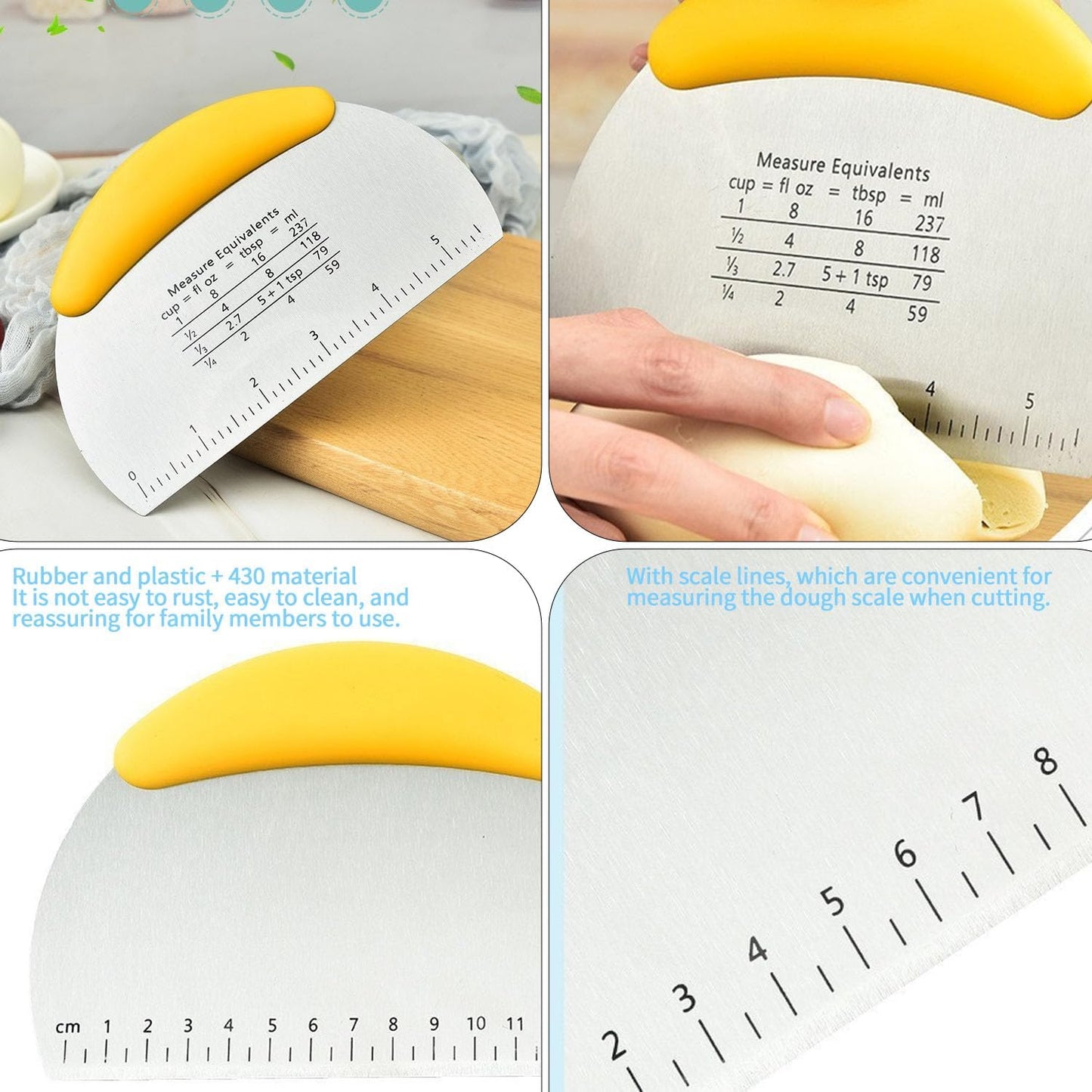 2PCS Dough Scraper Pastry Cutter Dough Cutter Stainless Steel Mirror Polished with Measuring Scale Multipurpose- Cake, Pizza Cutter Pastry Bread Separator Scale Knife (Yellow)