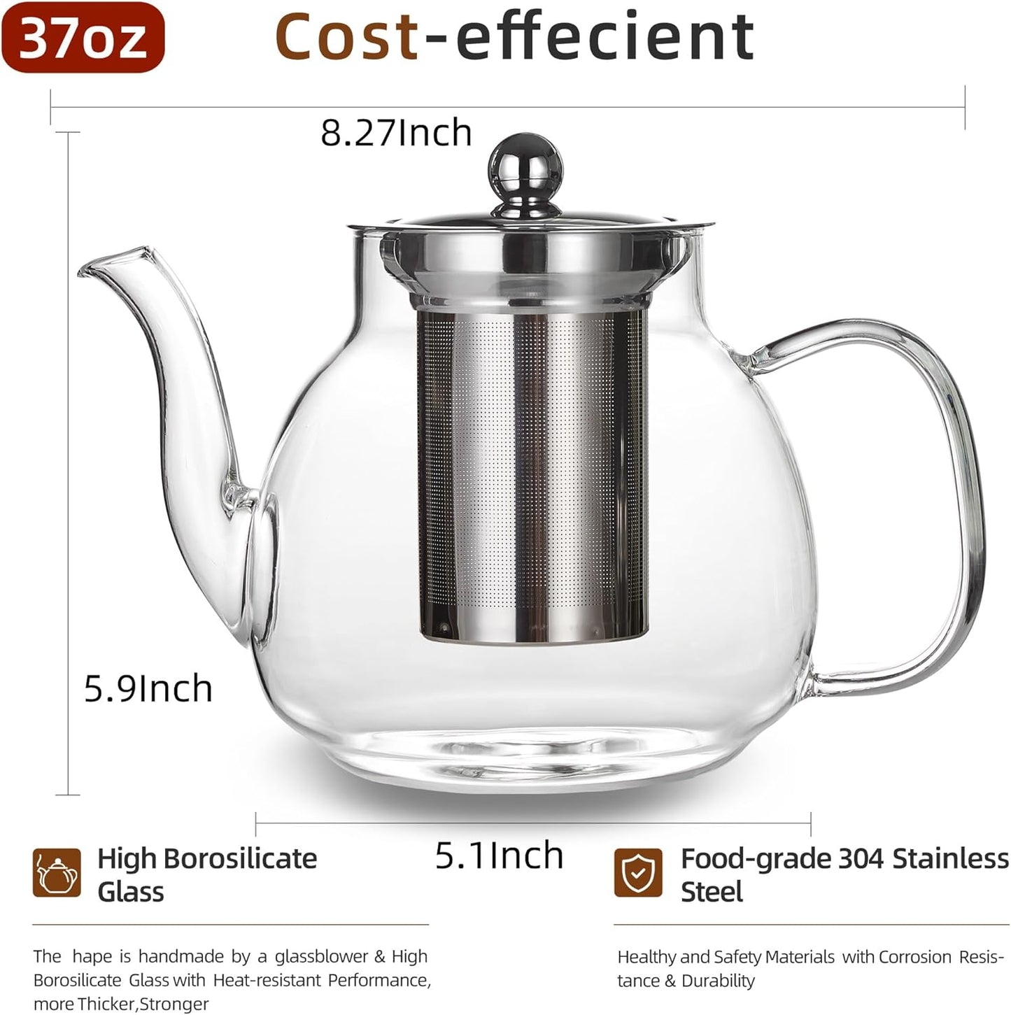 1100ml Glass Teapot with Removable Infuser,37oz Borosilicate Clear Tea Kettle,Stovetop Microwave Safe,Blooming and Loose Leaf Tea Maker Gift