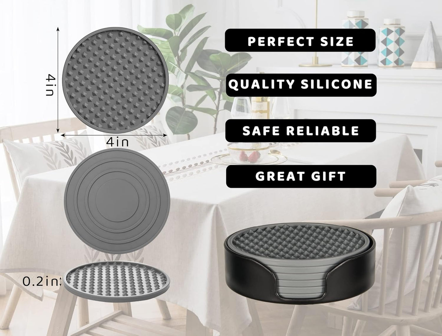 Coasters for Drinks 6 Pcs Drink Coaster with Holder,Heat Resistant Silicone Cup Mat Tabletop Protection,Non-Slip Rubber Coasters for Kinds of Cups (Grey)