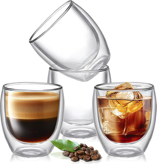 5 Ounces Set of 4 Double Walled Glass Coffee Mugs Insulated Layer Coffee Cups Borosilicate Glass Espresso Double Insulated Clear Glass Coffee Mug for Hot Beverages
