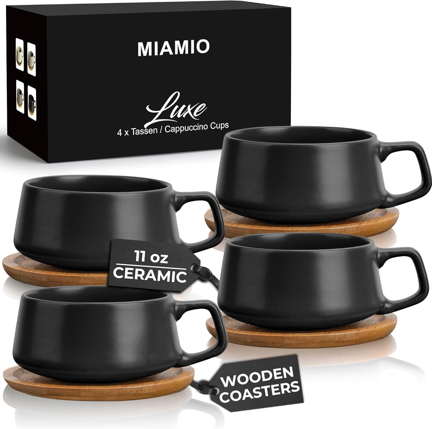 MIAMIO ā 11 Oz., Set of 4 Ceramic Tea Cup and Saucer Bamboo/Tea Mug - Wide Cappuccino Cup, Coffee Cups Ceramic Mug for Cappuccino, Latte, Espresso & Americano - Luxe Collection (Black)