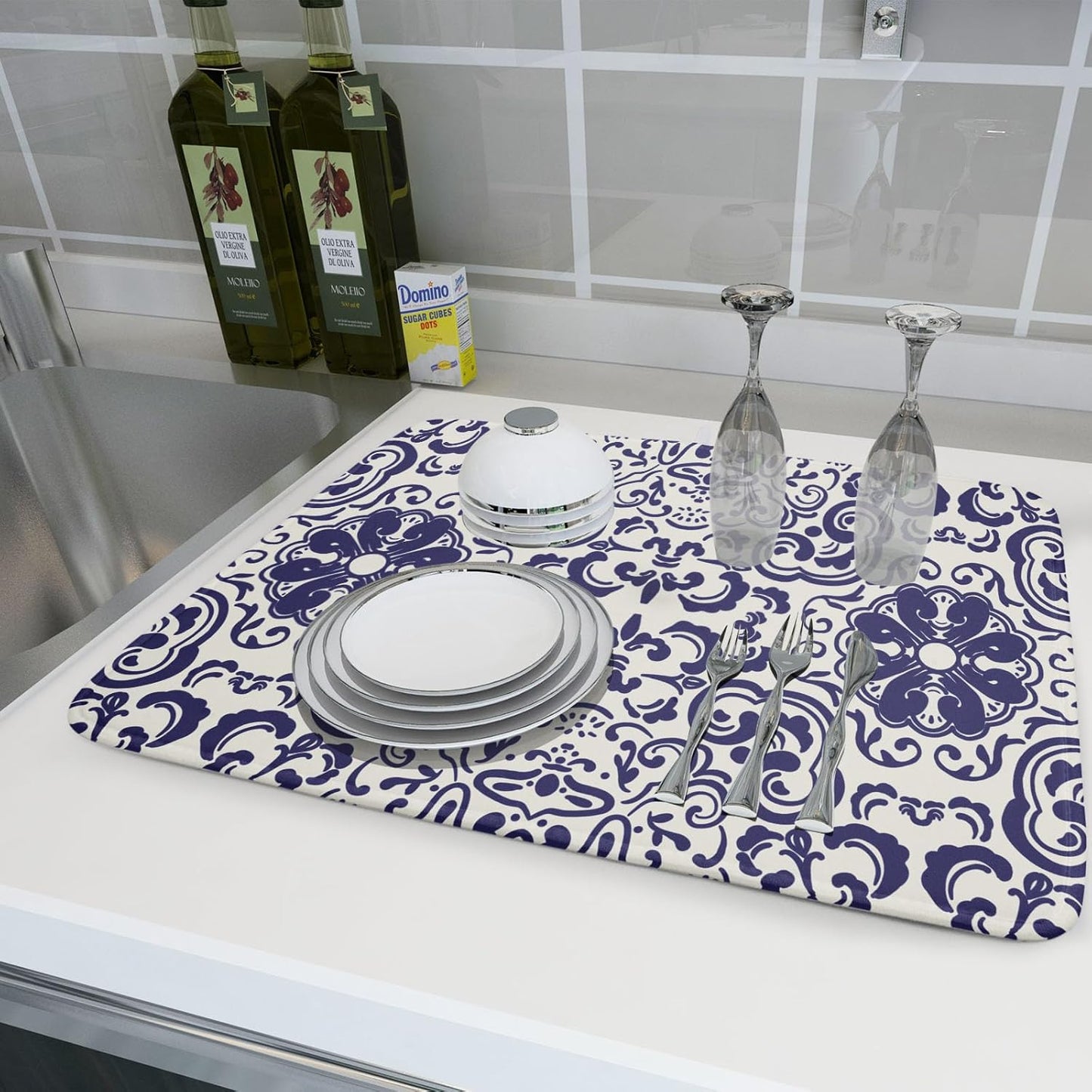 Boho Ethnic Design Dish Drying Mat for Kitchen Counter,Blue Bohemian Mandala Drying Mat 18 x 24 Inch with High Absorbent Reversible Microfiber Dish Drying Pad Dish Rack Pad Drainer Mat for Coffee Bar