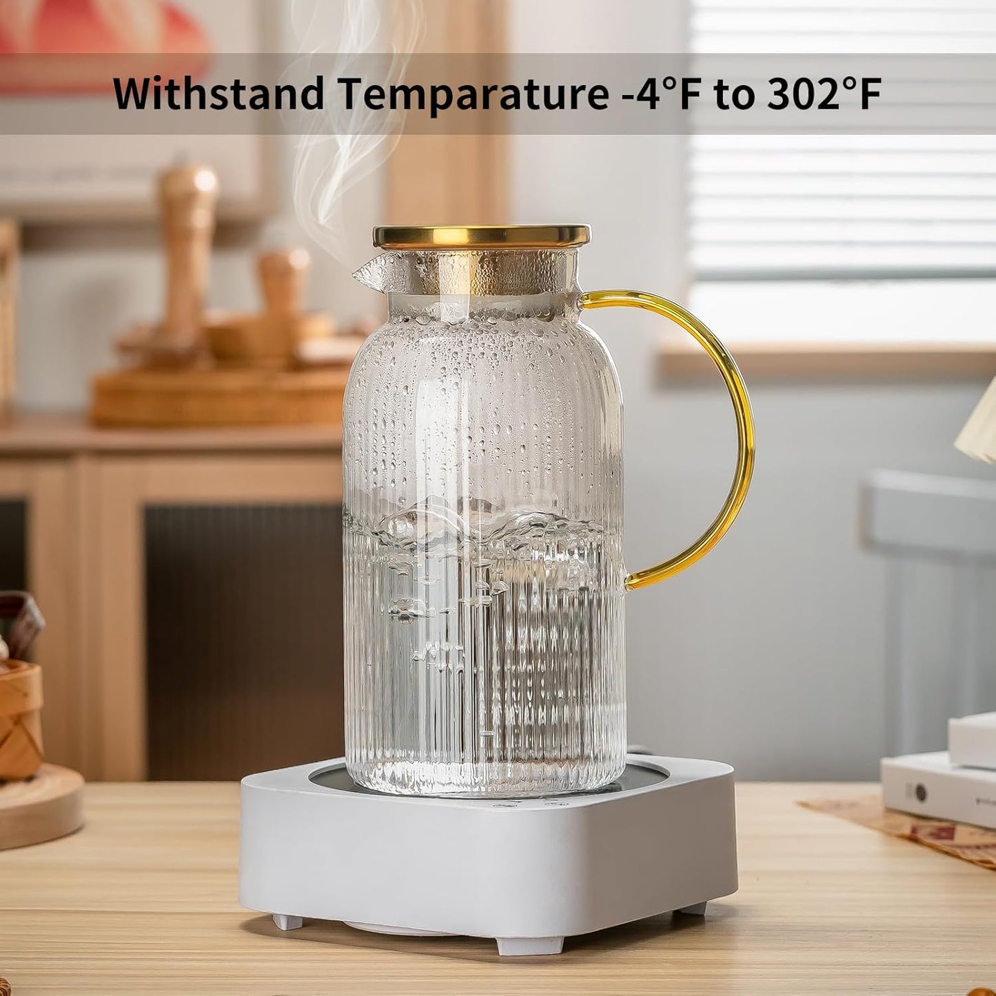 2 PACK Glass Pitcher with Lid, 68 oz/ 2 Liter Classic Vertical Stripes Water Pitcher with Yellow Handle,Glass Water Carafe for Cold Brew, Coffee, Lemonade, Iced Sun Tea,Beverage,Heat Resistant