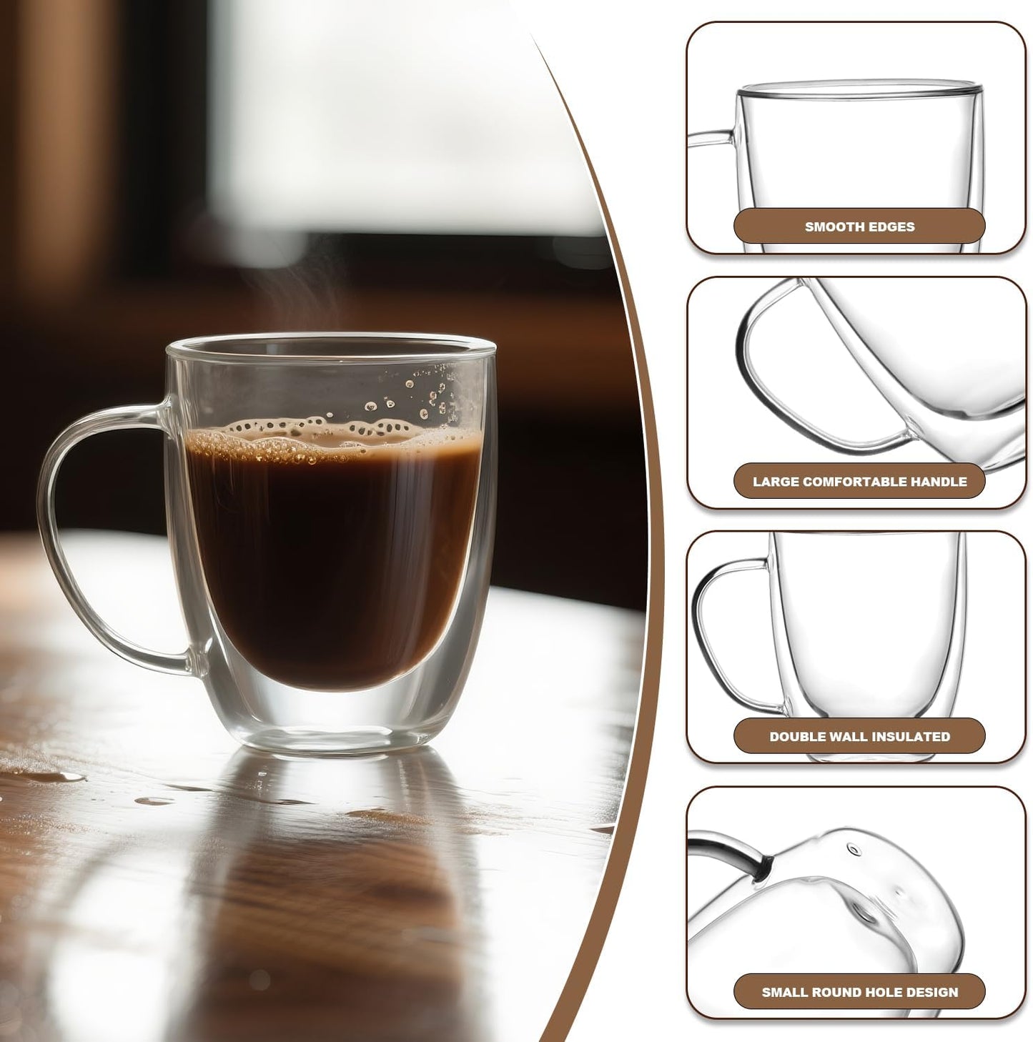 Large Double Wall Glass Coffee Mugs 18 oz, Clear Coffee Cup With Handle,Insulated Coffee Mugs Set of 2 With Spoons Perfect for Espresso, Cappuccino, Latte, American,Tea Bag, Beverage