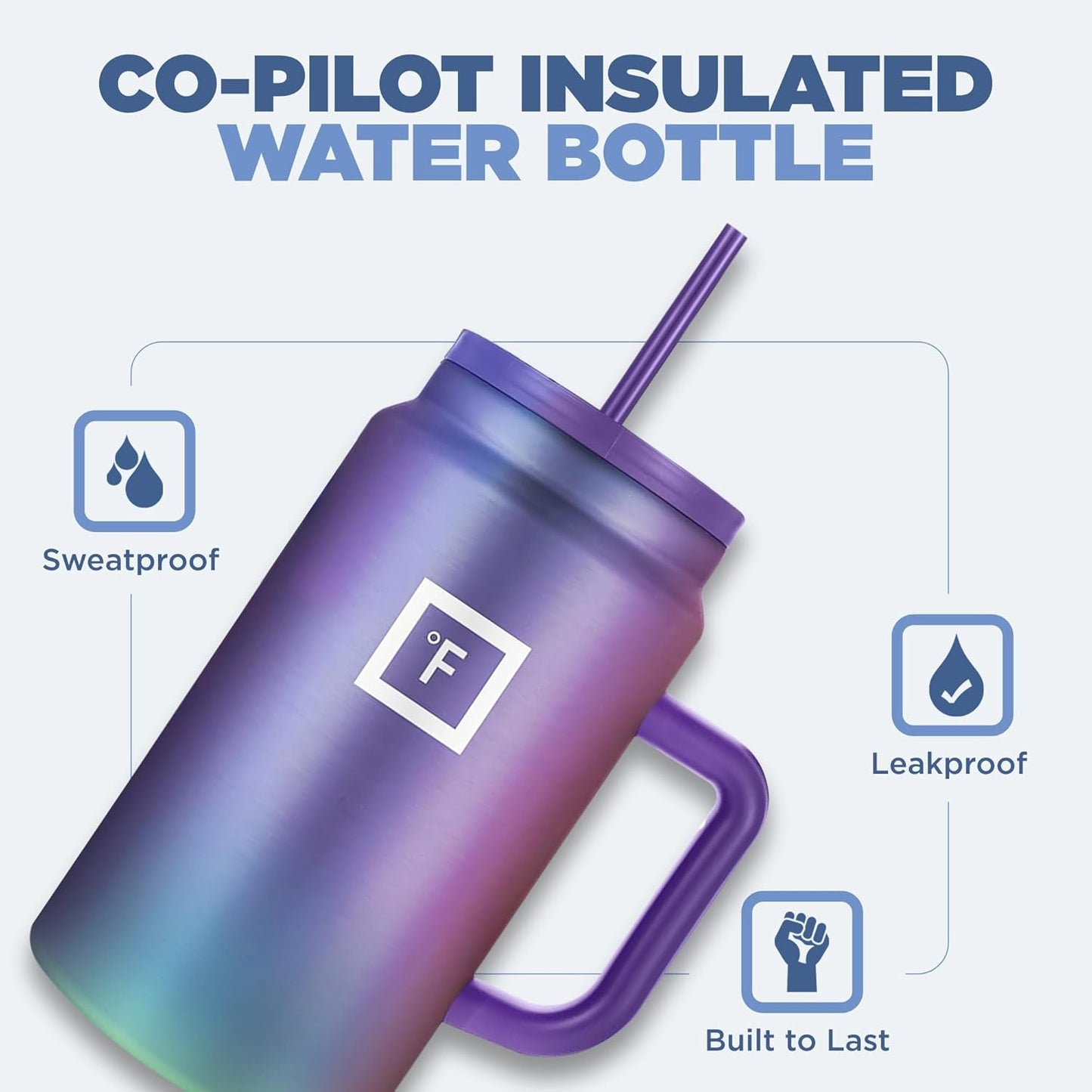 IRON °FLASK Co-Pilot Insulated Mug w/Straw & Flip Cap Lids - Cup Holder Bottle for Hot, Cold Drink - Leak-Proof - Water, Coffee Portable Travel Mug - Aurora, 50 Oz